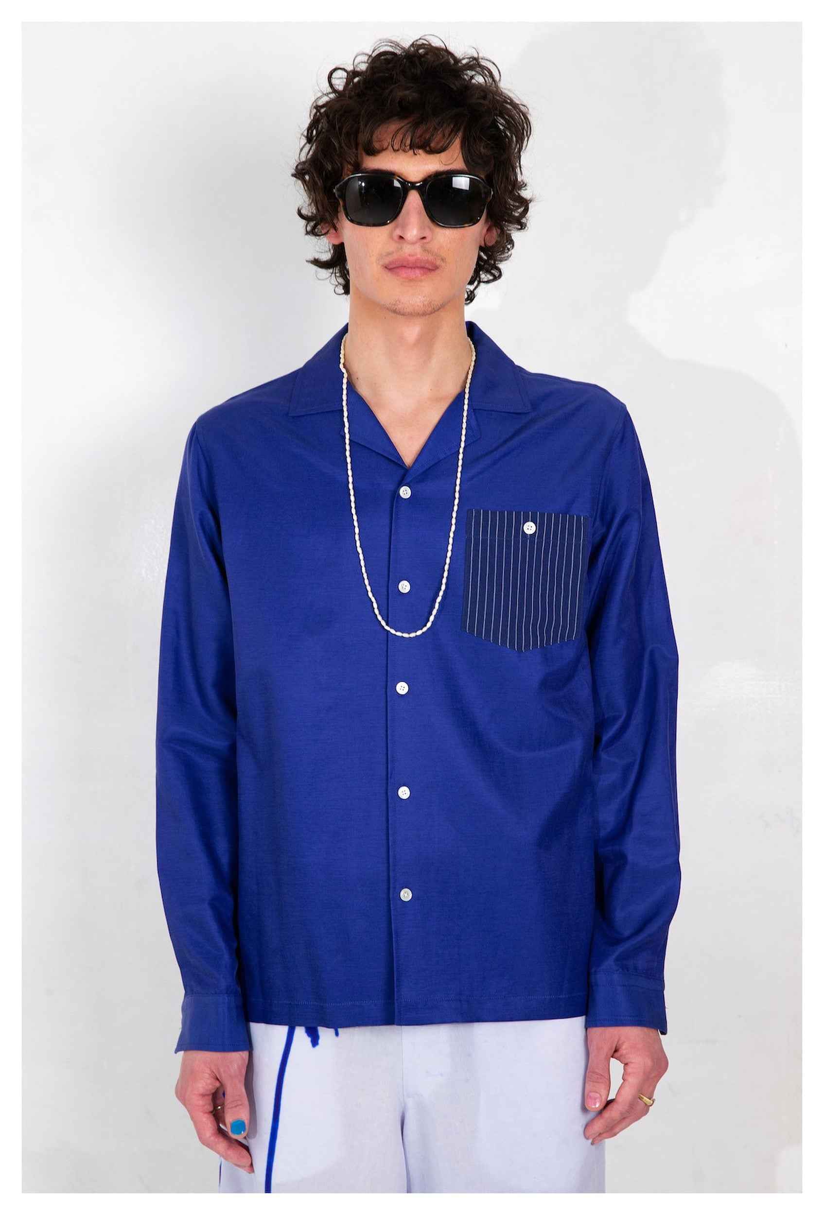 'Arenas' Convertible-Collar Royal Blue and White Stripe Shirt