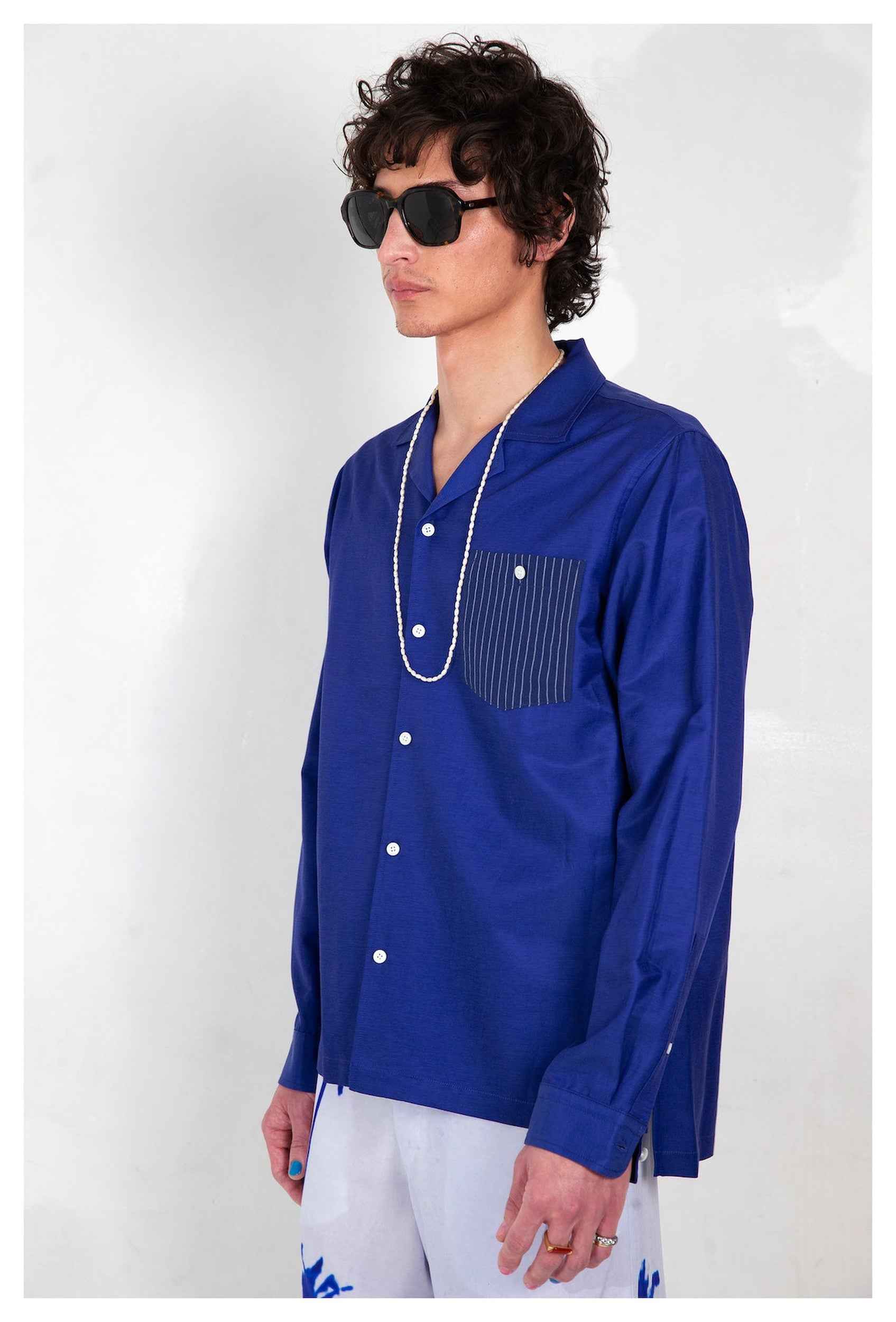 'Arenas' Convertible-Collar Royal Blue and White Stripe Shirt