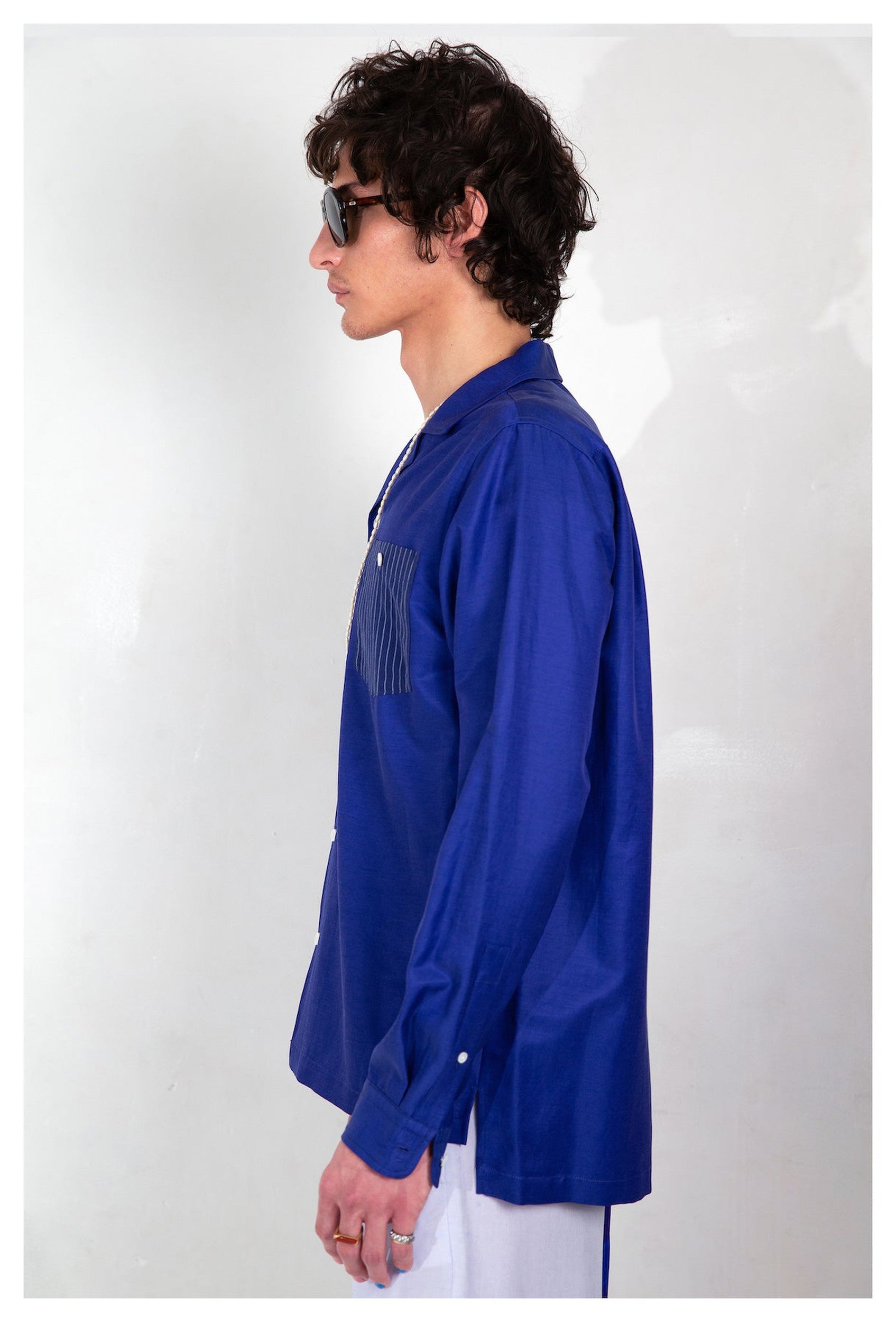 blue satin camp collar long sleeve shirt