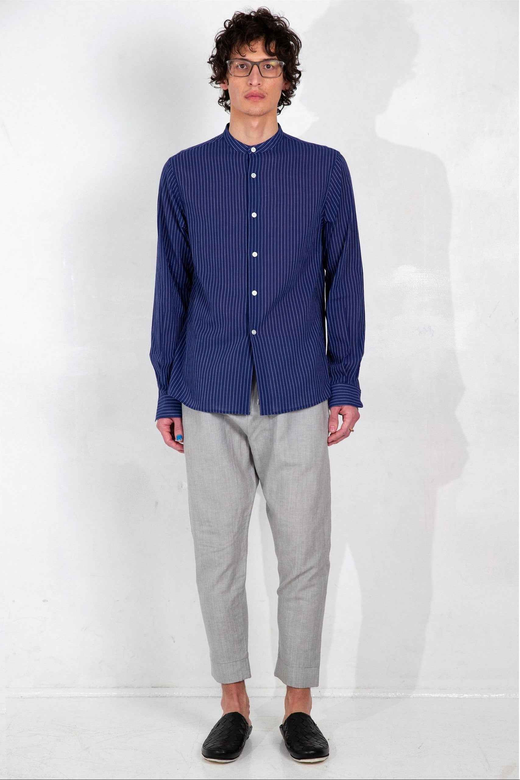 'Liam' Band Collar Blue / White Stripe Long Sleeve Shirt