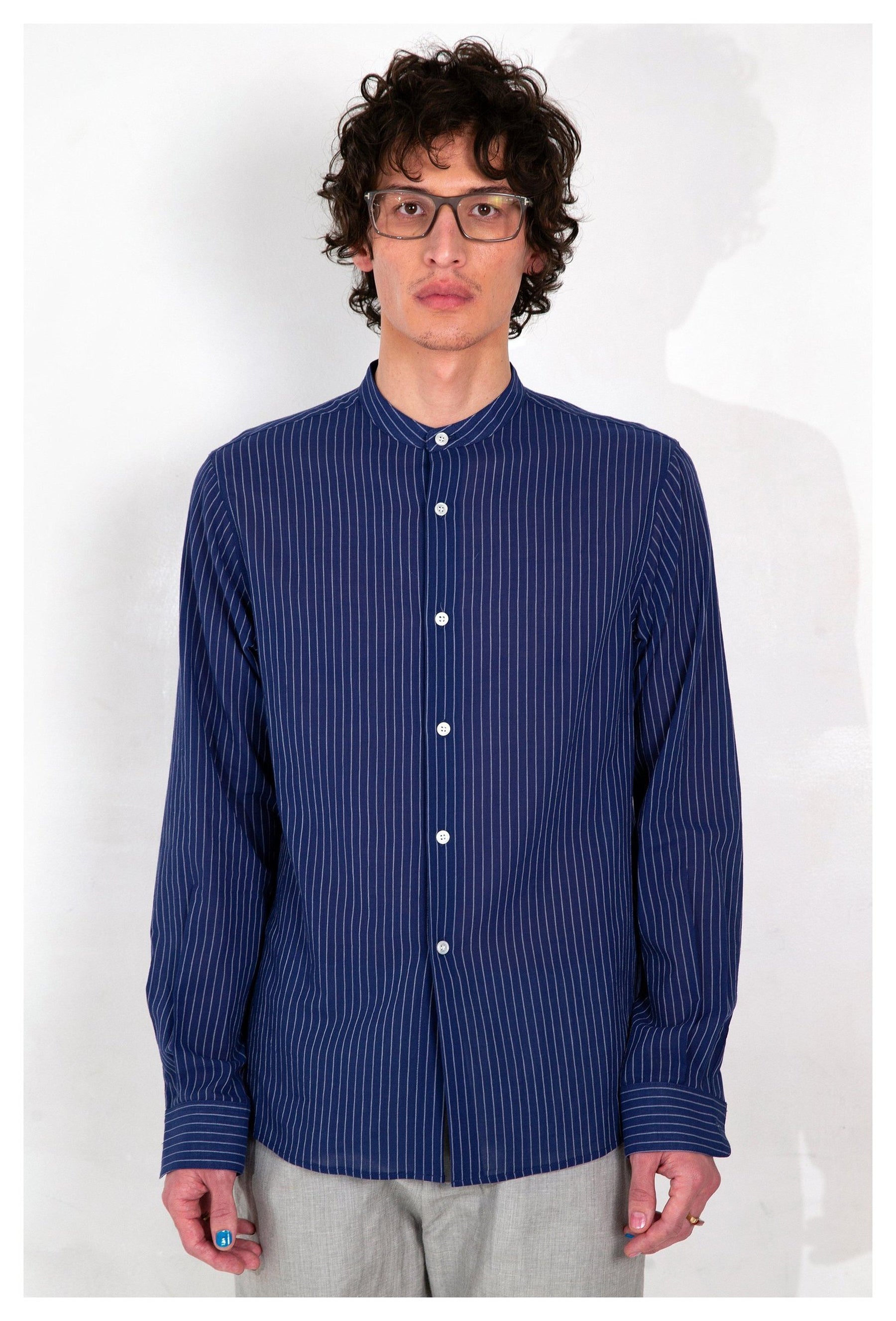 Graphia New York Liam Band Collar Blue White Shirt