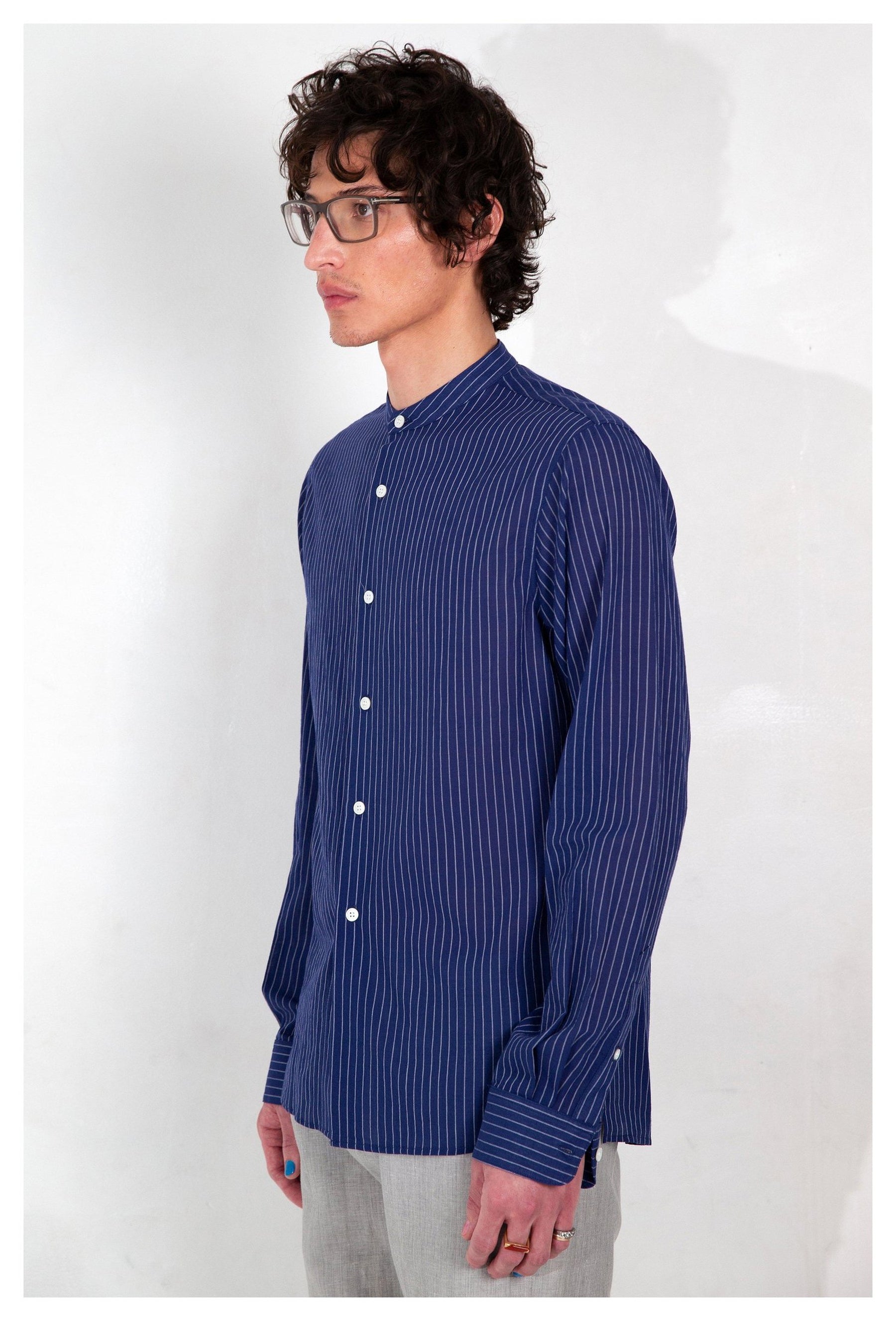 Graphia New York Liam Band Collar Blue White Shirt