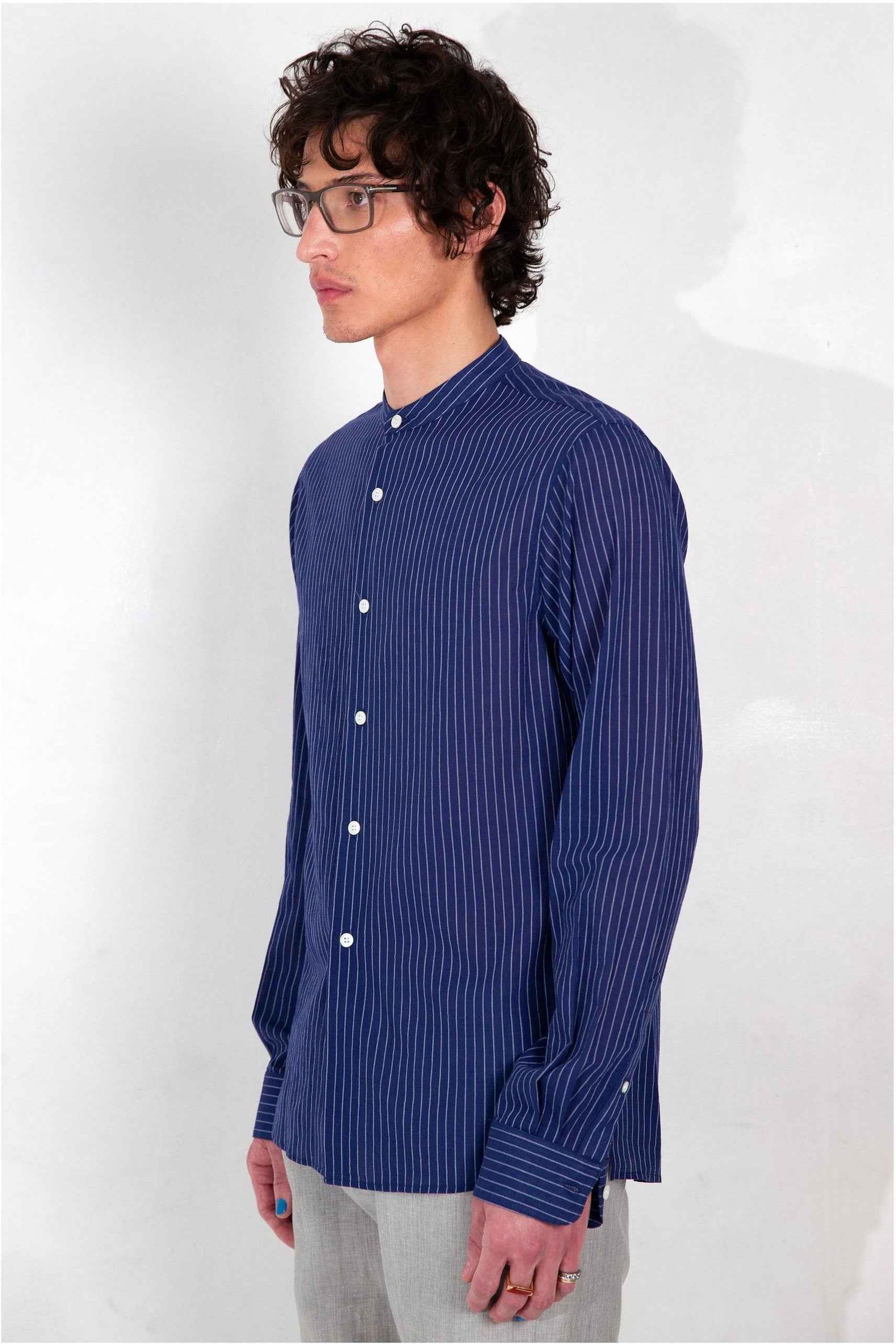 'Liam' Band Collar Blue / White Stripe Long Sleeve Shirt