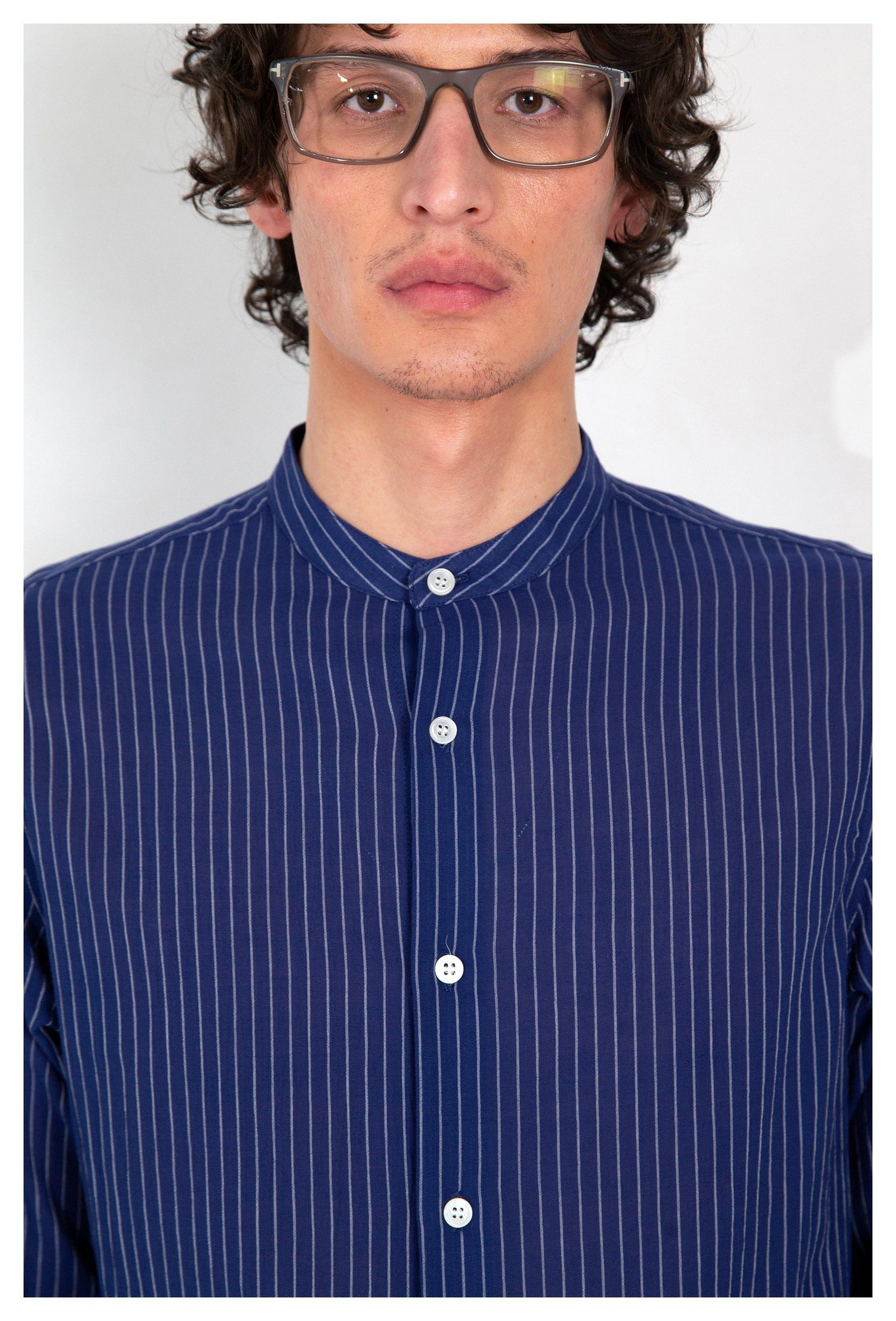 Graphia New York Liam Band Collar Blue White Shirt
