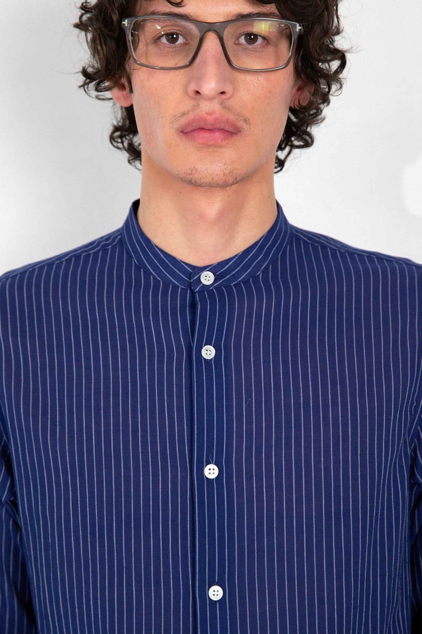 'Liam' Band Collar Blue / White Stripe Long Sleeve Shirt