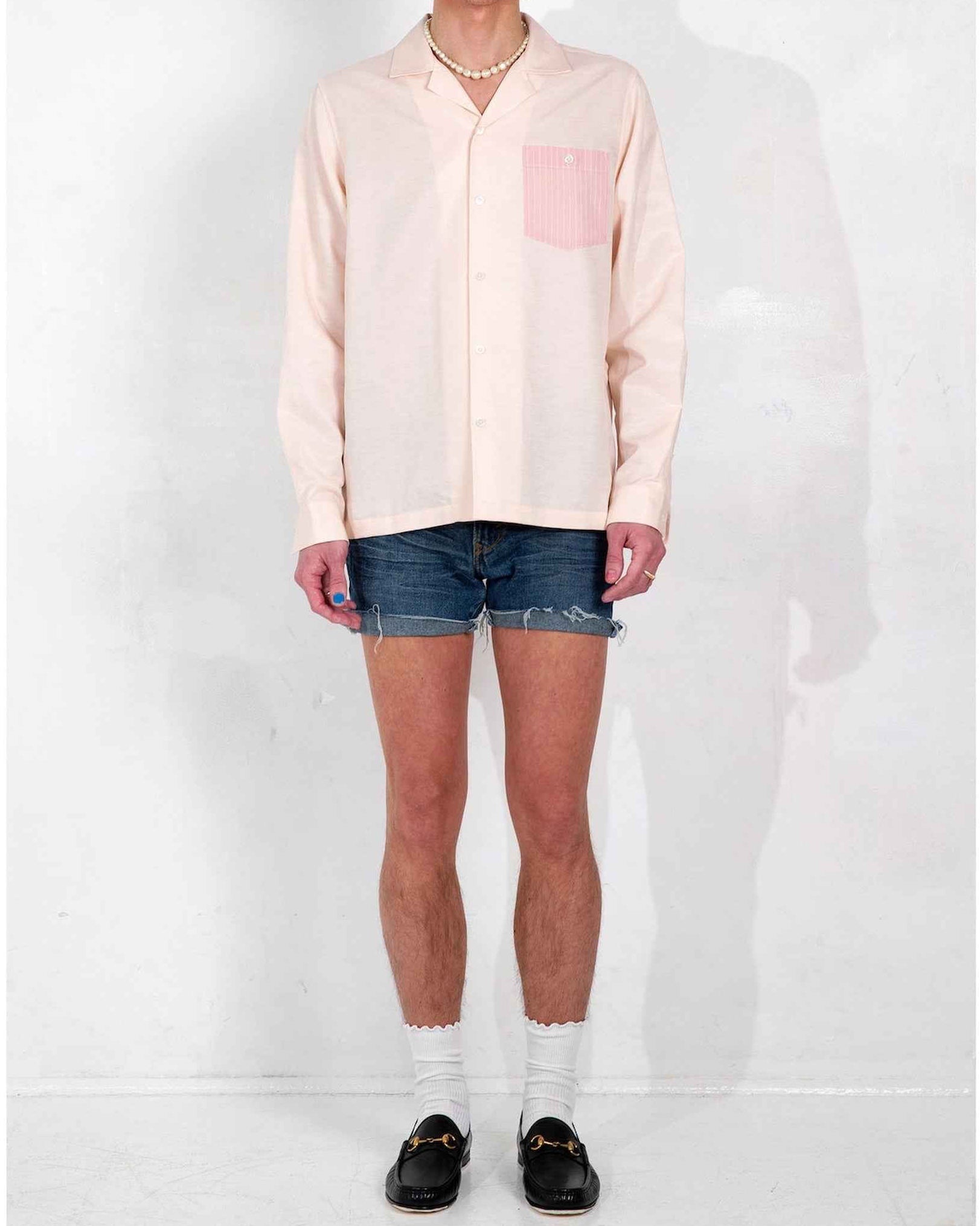 Arenas convertible-collar shirt in blush and white stripe cotton linen cupro twill, relaxed fit, shown on model in solid stripe detail view.