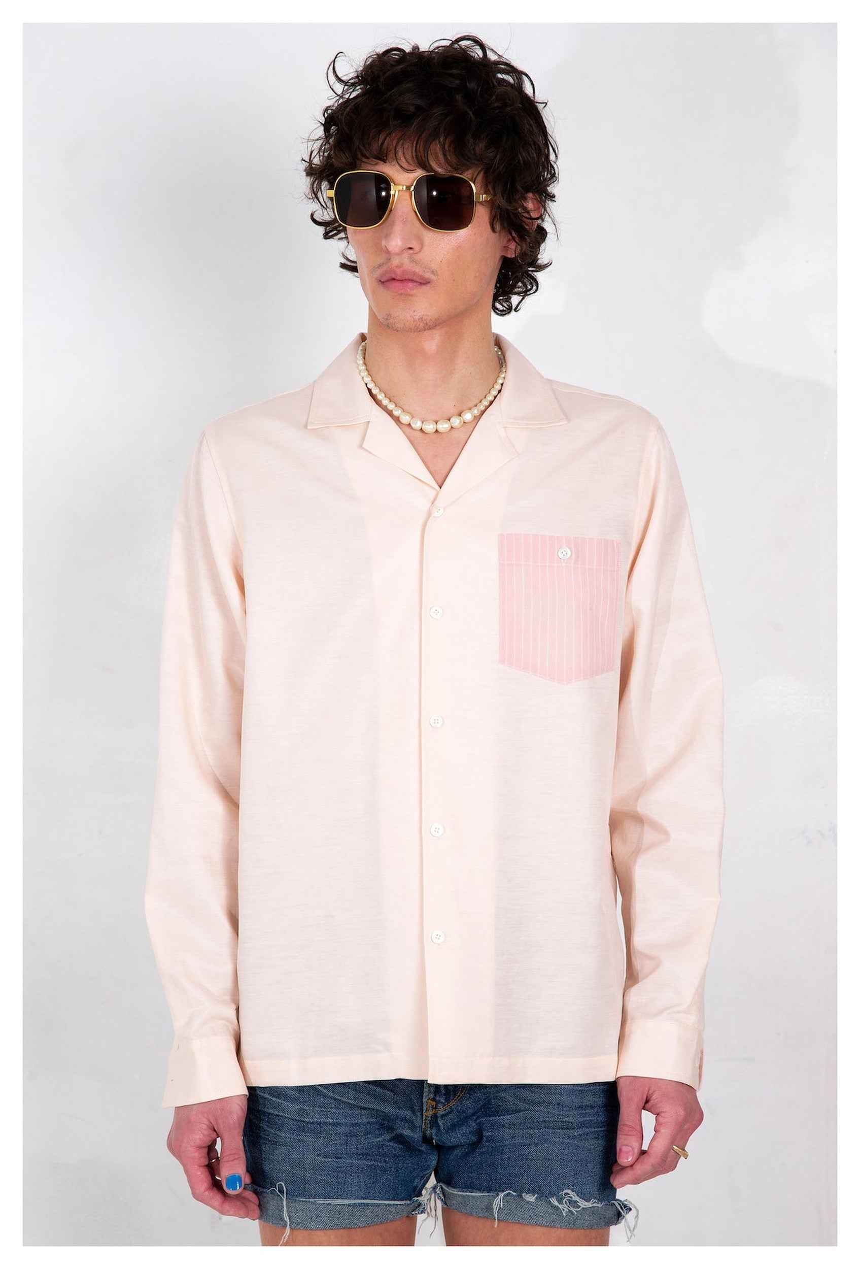 'Arenas' Convertible-Collar Blush and White Stripe Long Sleeve Shirt
