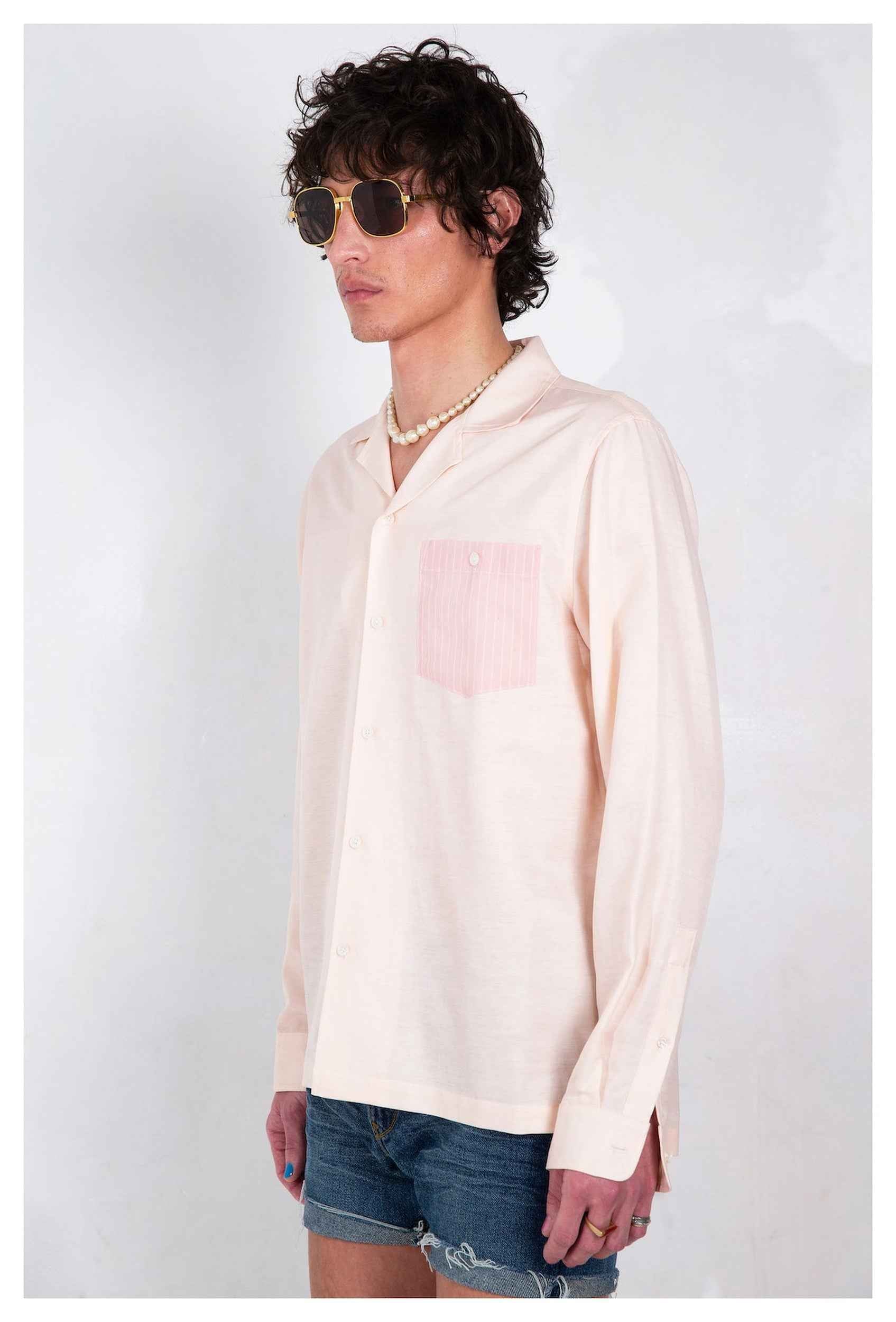 'Arenas' Convertible-Collar Blush and White Stripe Long Sleeve Shirt