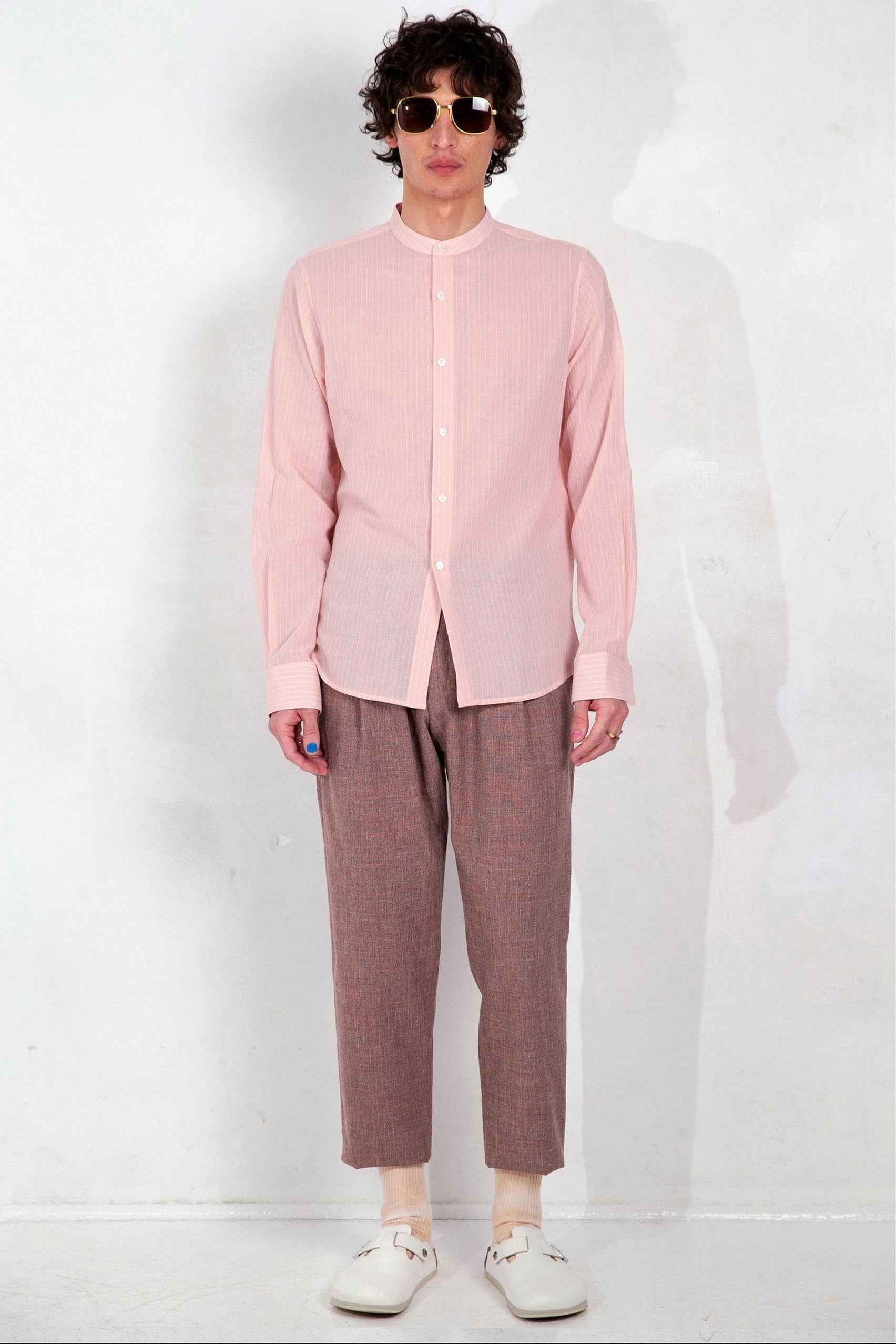 'Liam' Band Collar Blush / White Stripe Long Sleeve Shirt