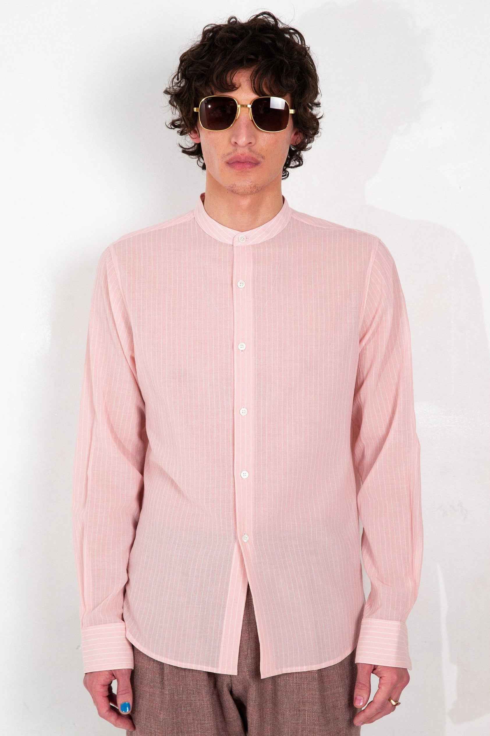 'Liam' Band Collar Blush / White Stripe Long Sleeve Shirt