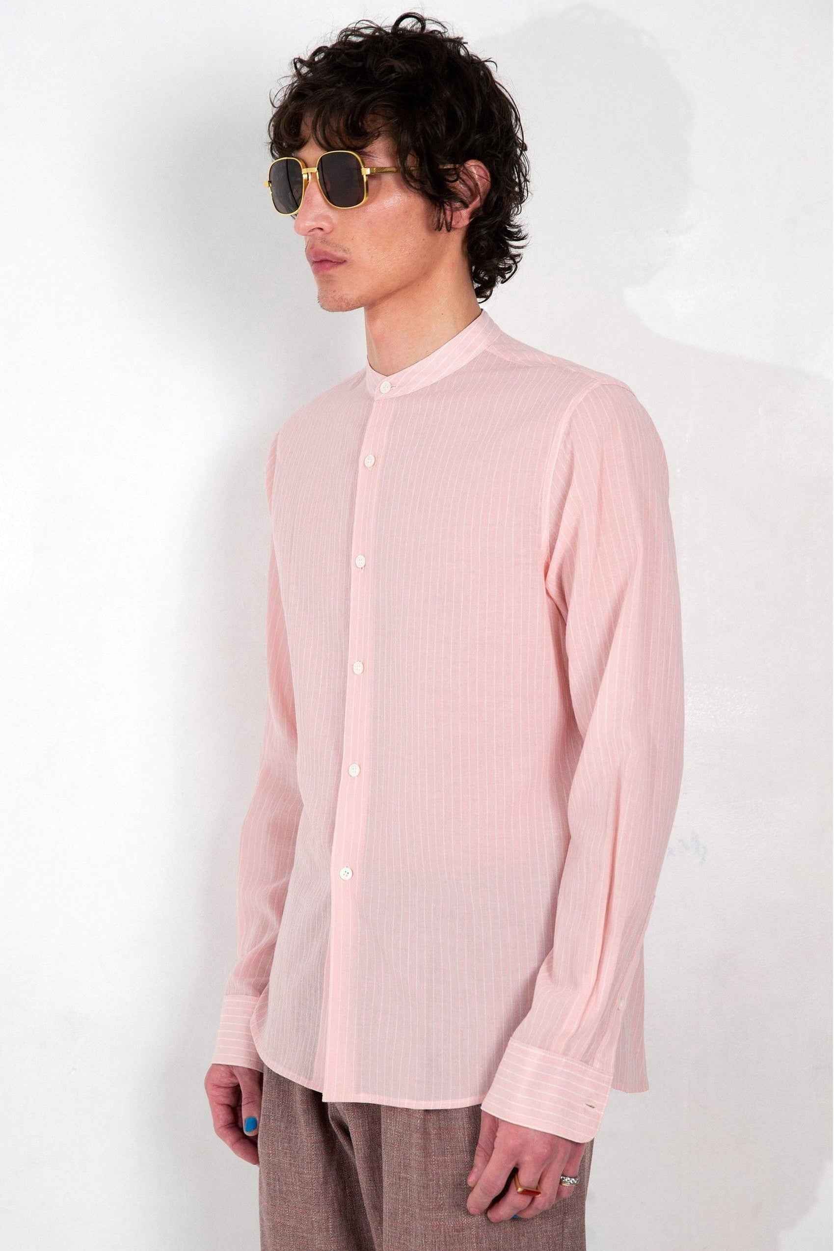 'Liam' Band Collar Blush / White Stripe Long Sleeve Shirt