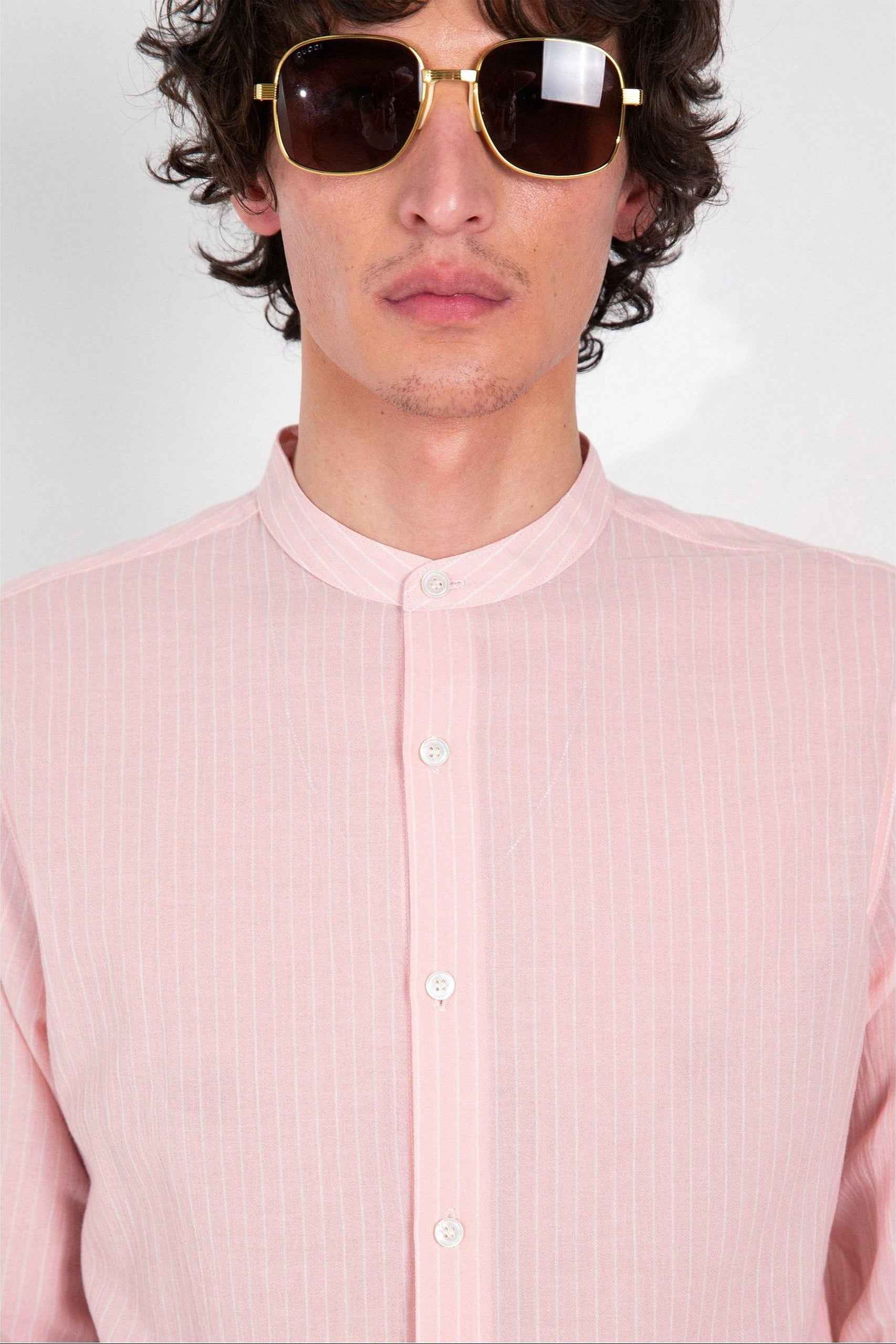 'Liam' Band Collar Blush / White Stripe Long Sleeve Shirt