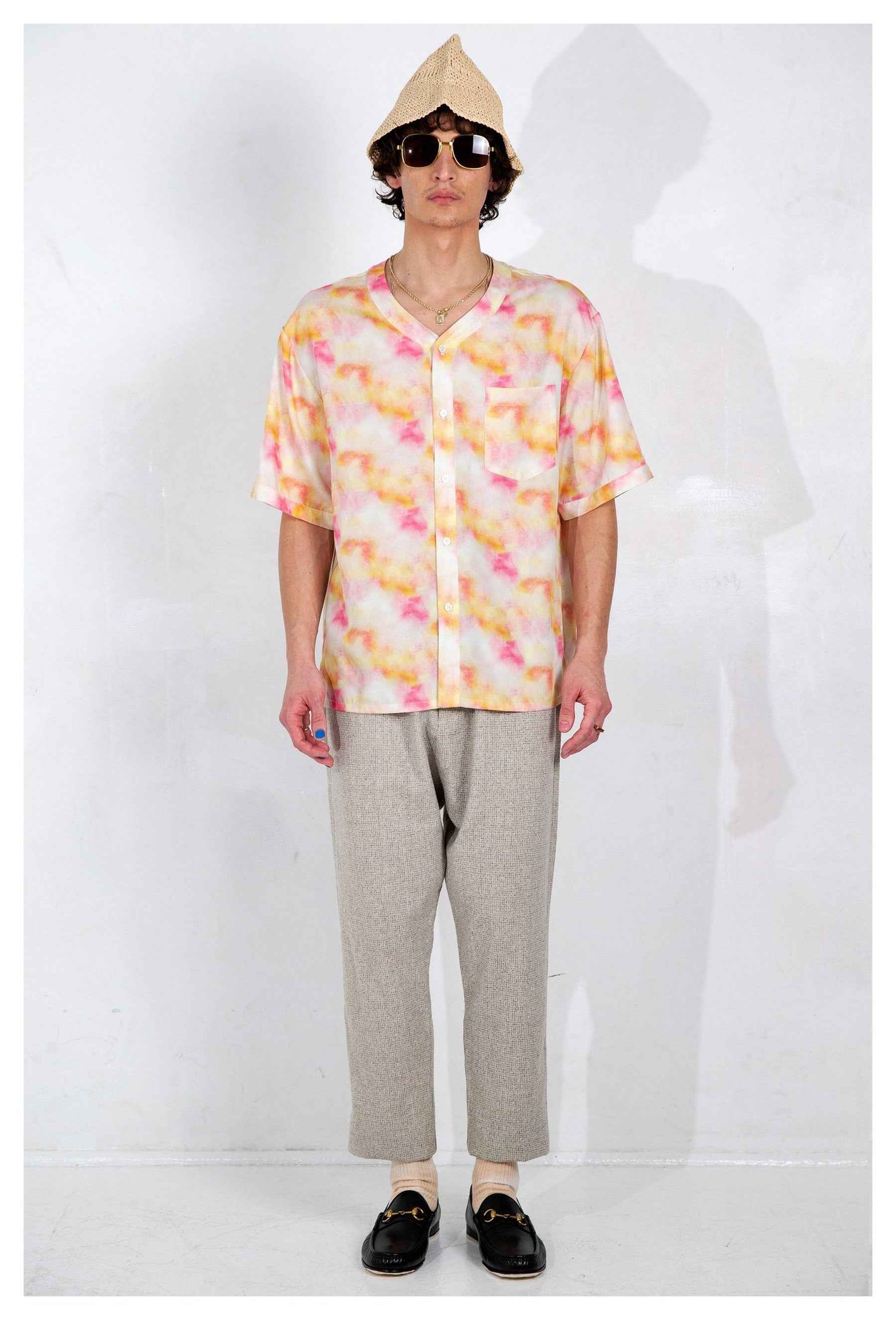 Valenzuela Baseball Collar Red Dream Pop Print Short Sleeve Shirt