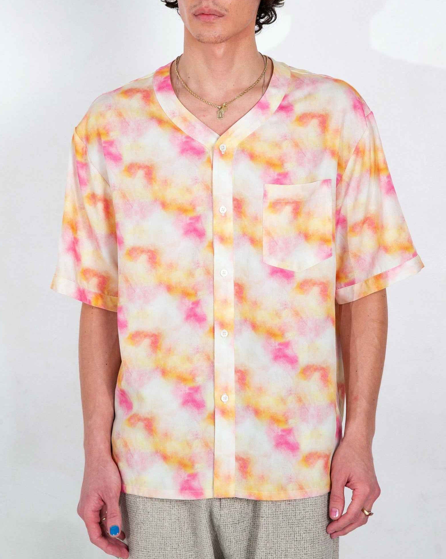 Valenzuela red dream pop print baseball shirt with soft Tencel fabric, relaxed boxy fit, and front chest pocket on model.