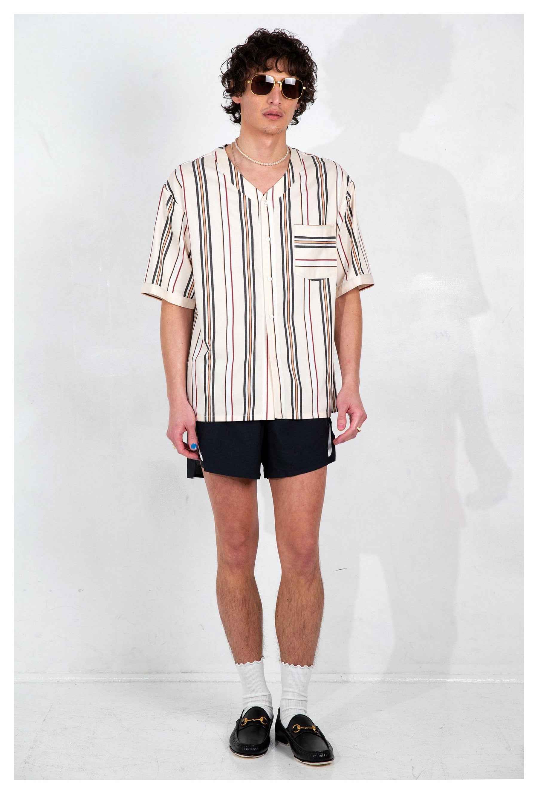 Valenzuela Baseball Collar Cream Stripe Short Sleeve Shirt