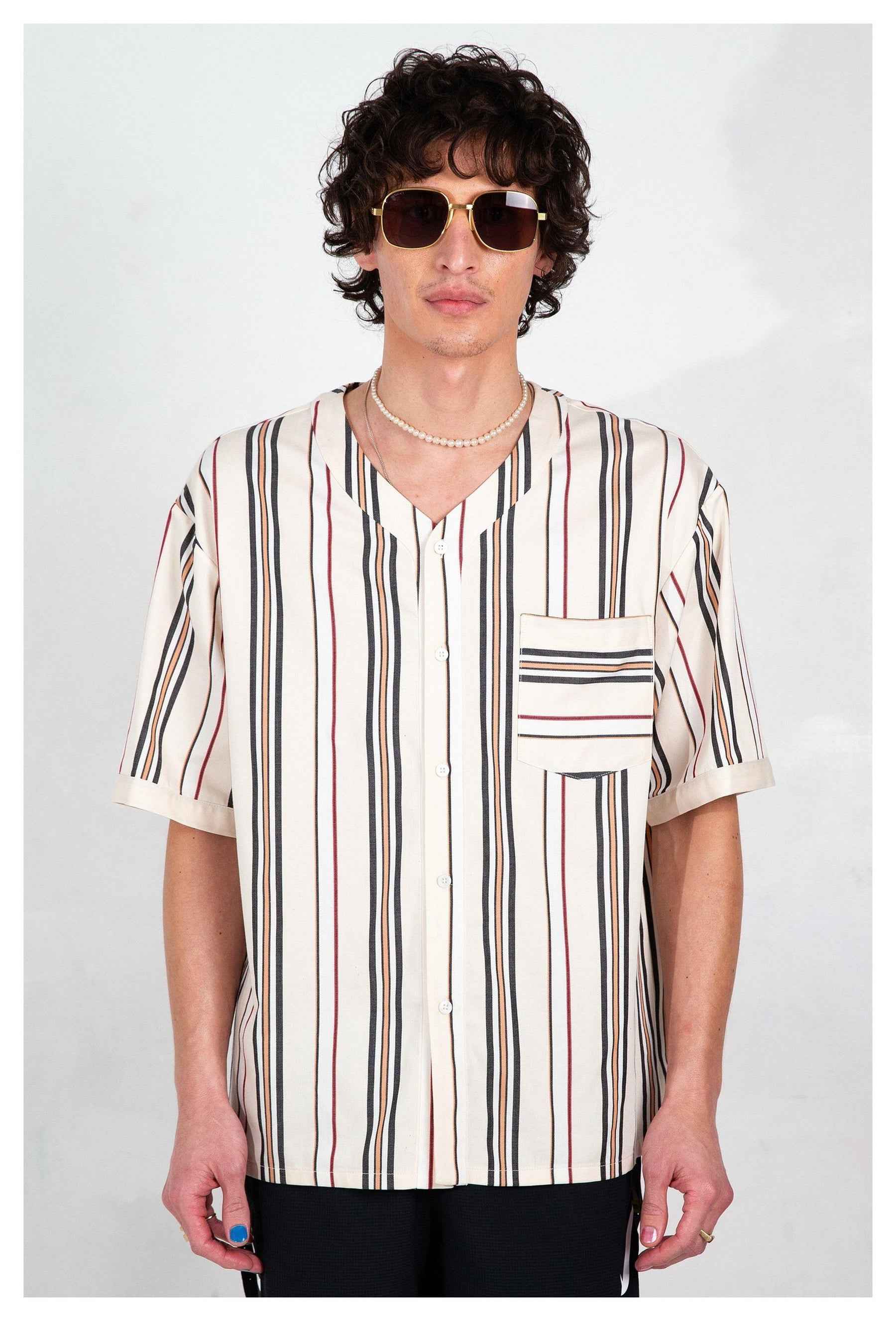 Valenzuela Baseball Collar Cream Stripe Short Sleeve Shirt