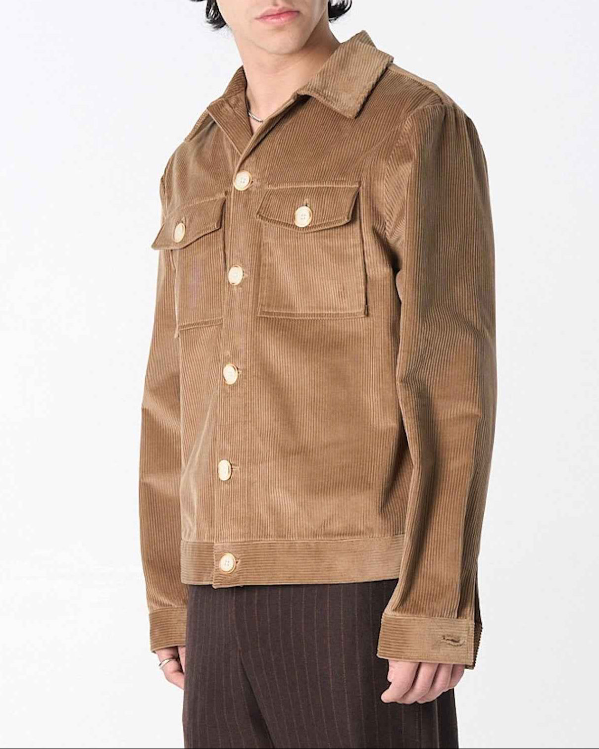 Dean" jacket in fawn brown 8-wale corduroy with relaxed boxy fit, displayed on model showing structured drape and hip-length cut.