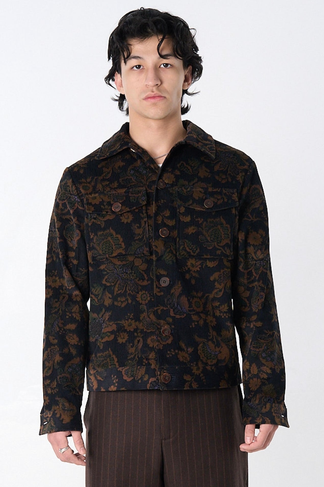 "Dean" Jacket in Black and Brown Calico Floral Corduroy