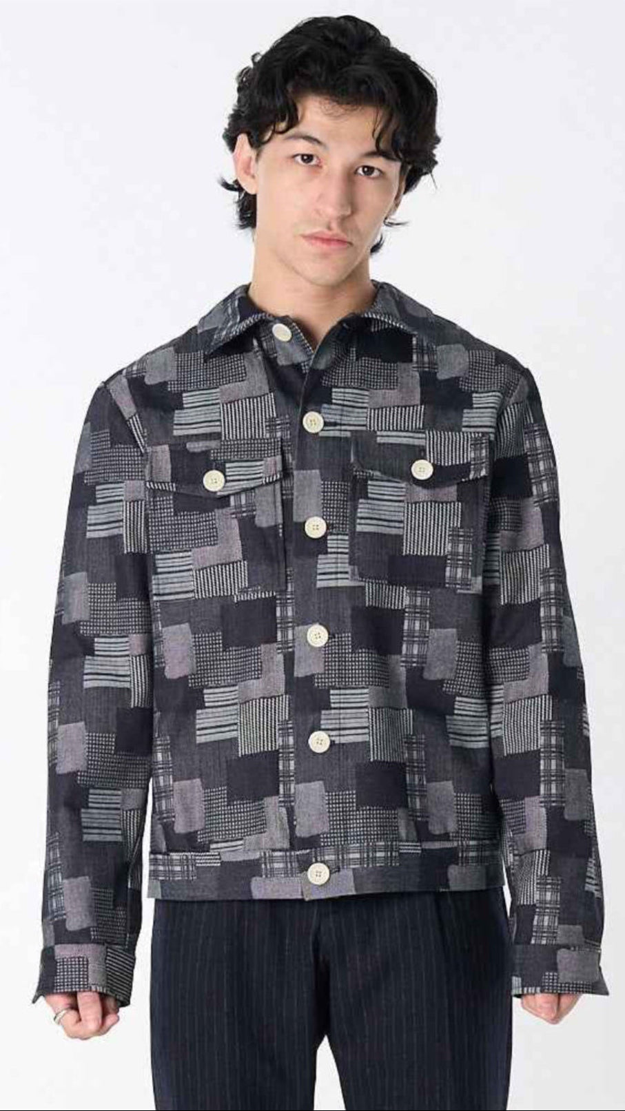 "Dean" Jacket in Dark Denim Patchwork Jacquard