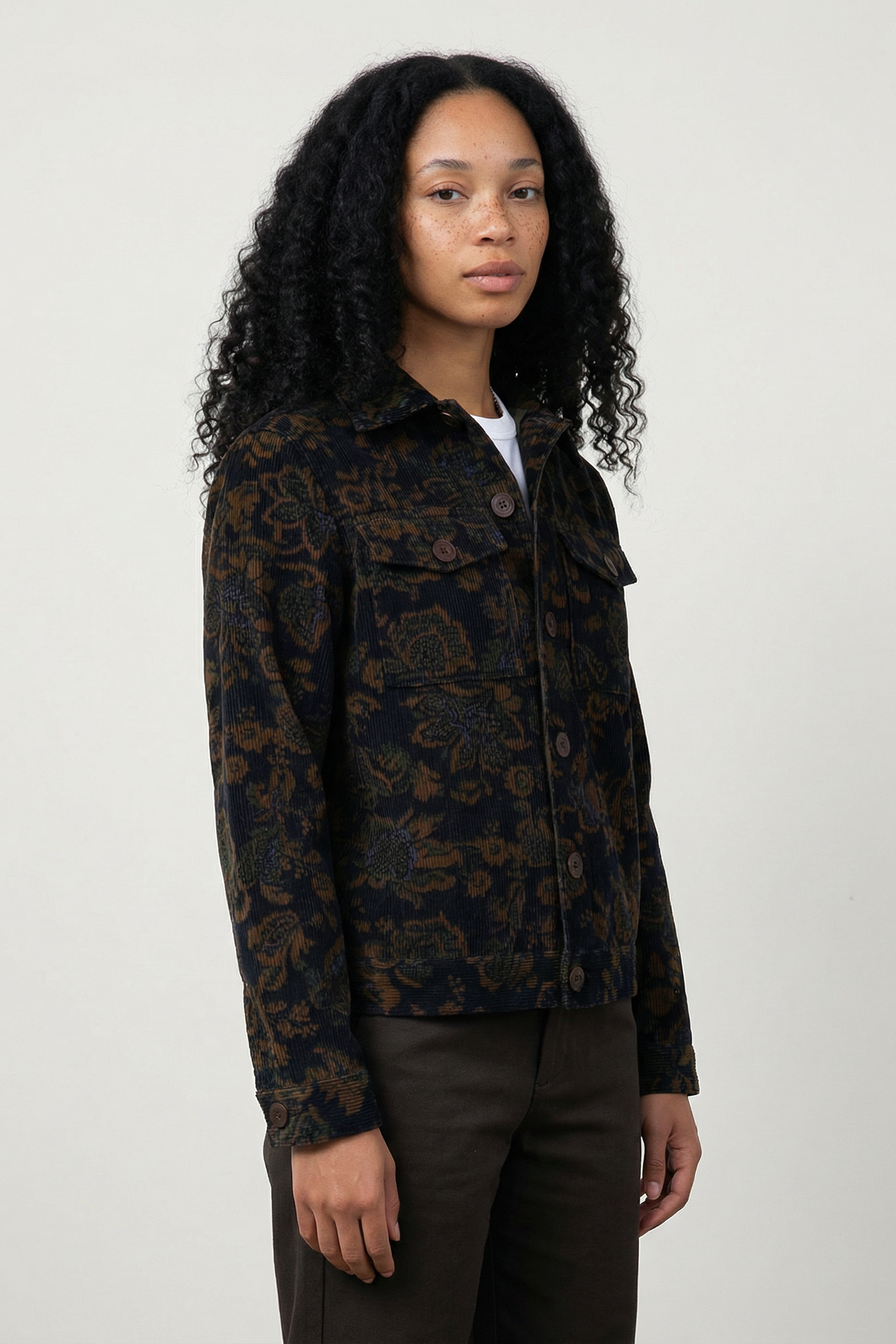 "Dean" Jacket in Black and Brown Calico Floral Corduroy