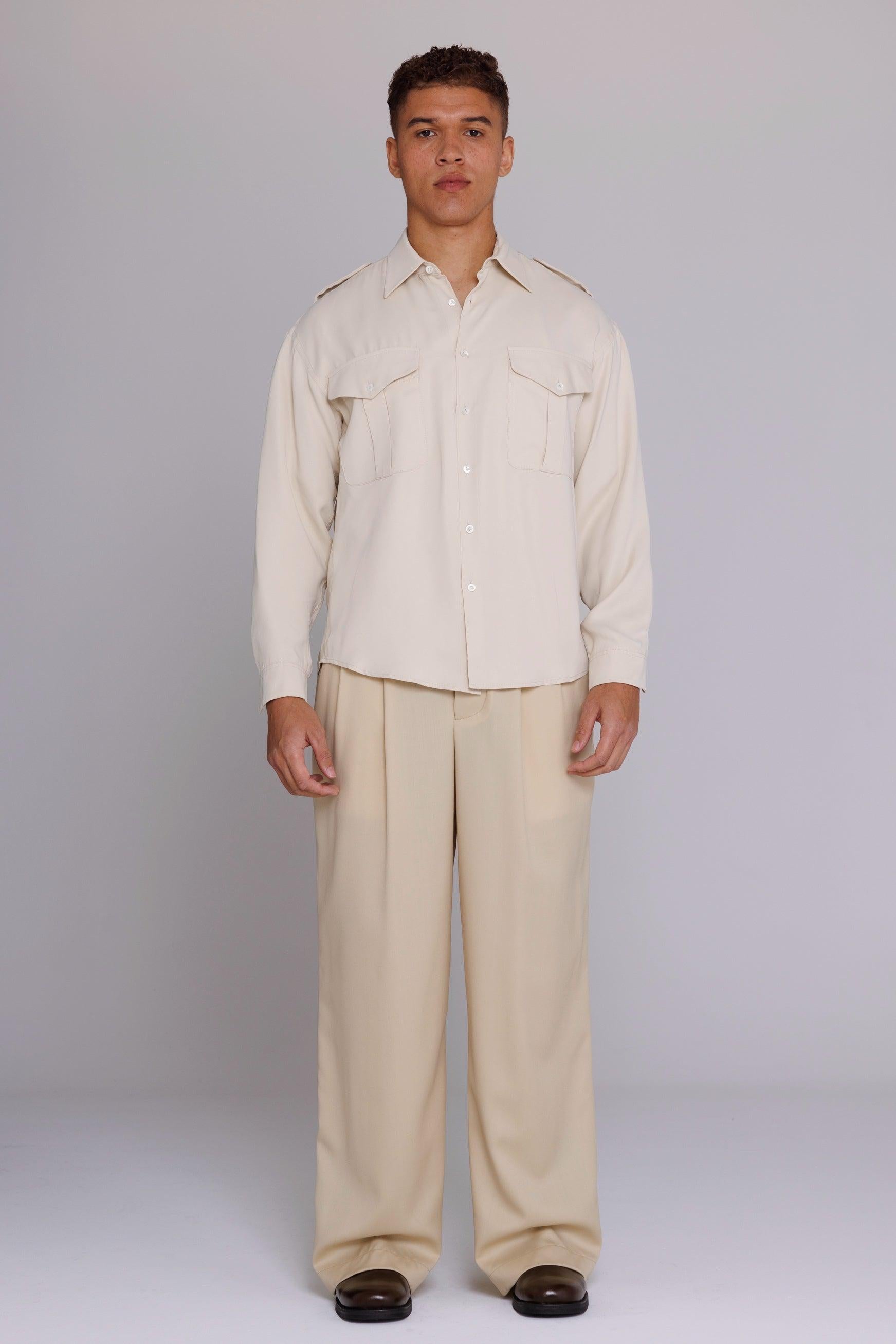 safari shirt with front pockets and epaulets