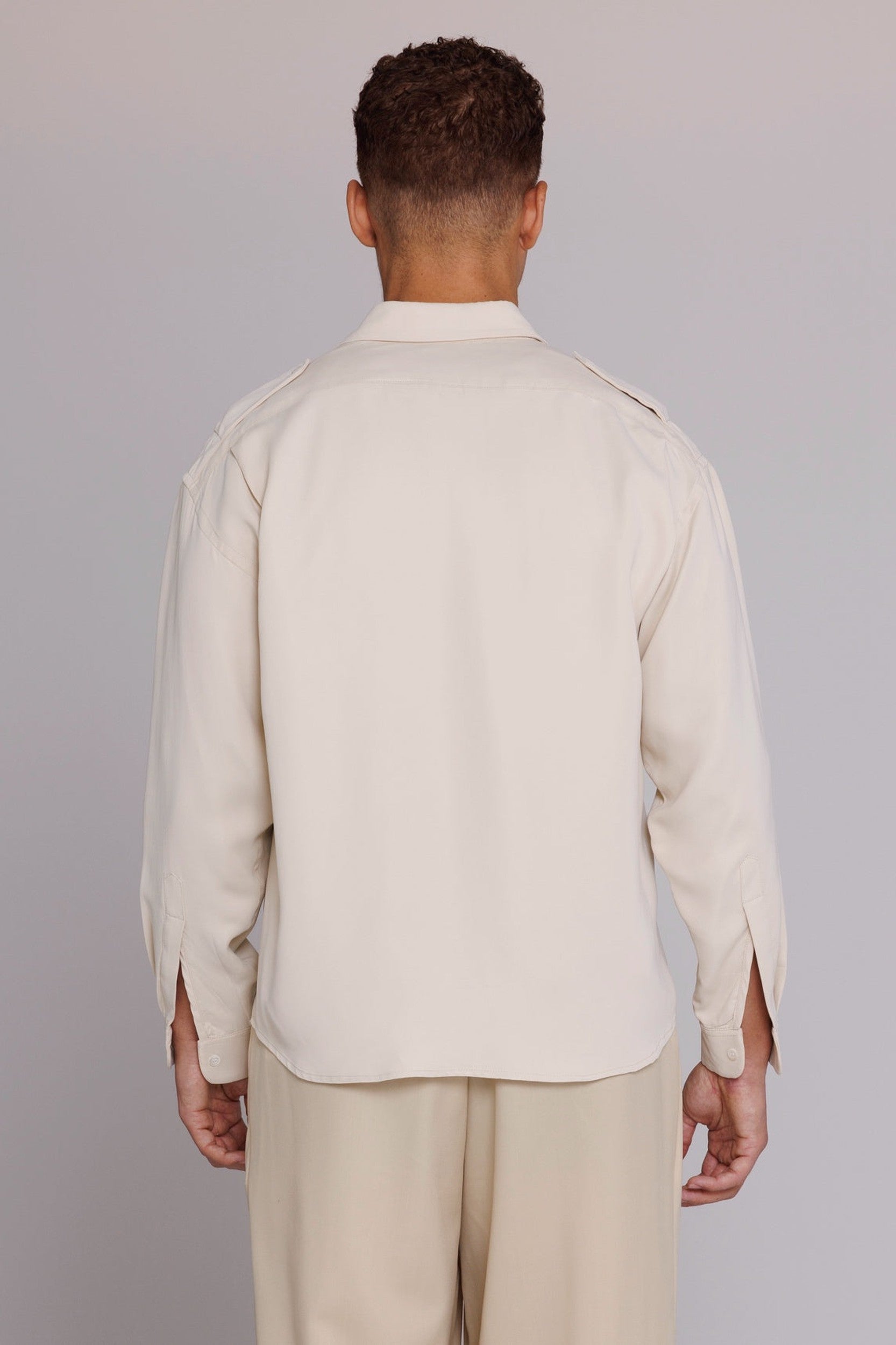 back view of satin safari shirt