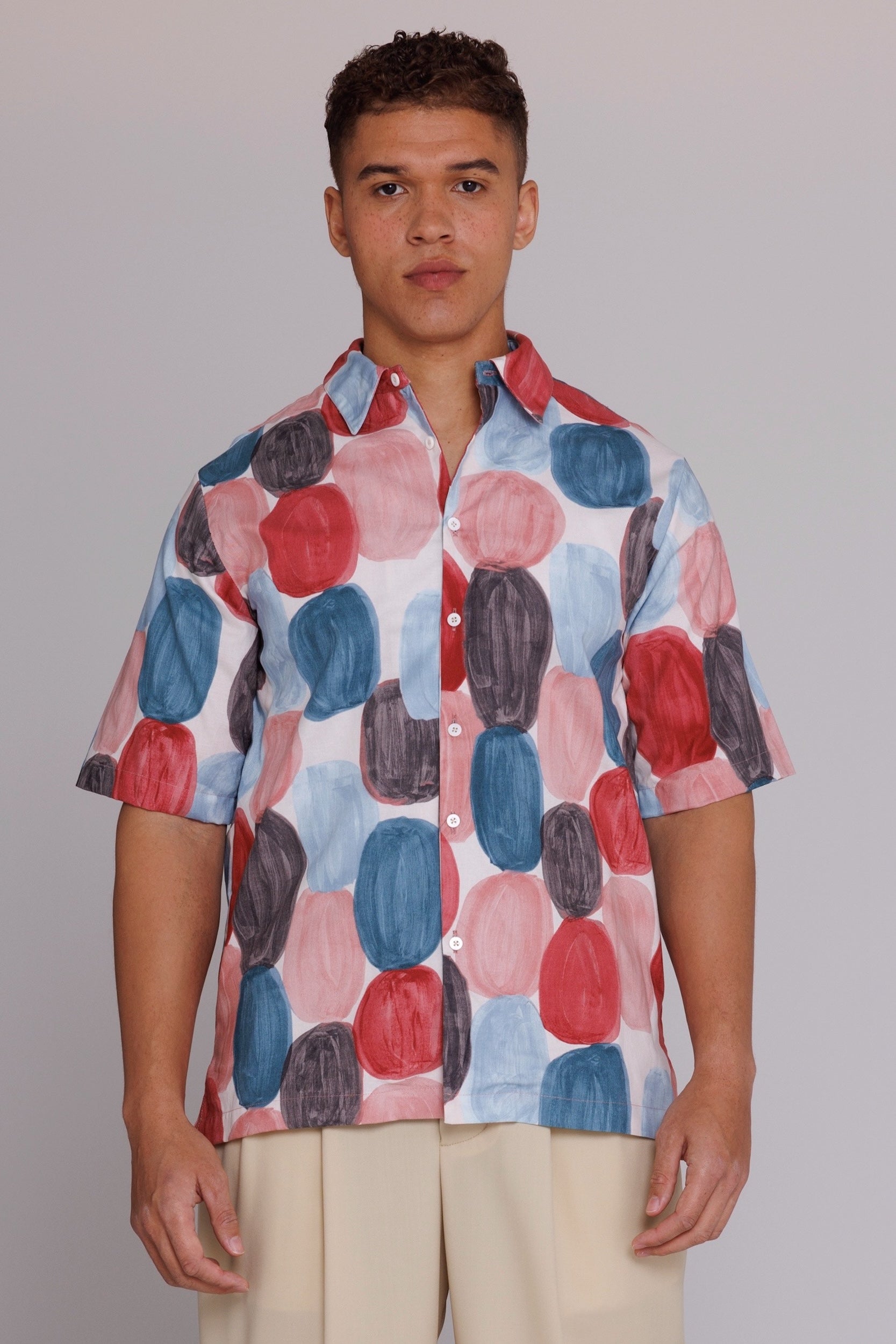 "Flowers" Button Up Shirt in Red & Blue Dots Print