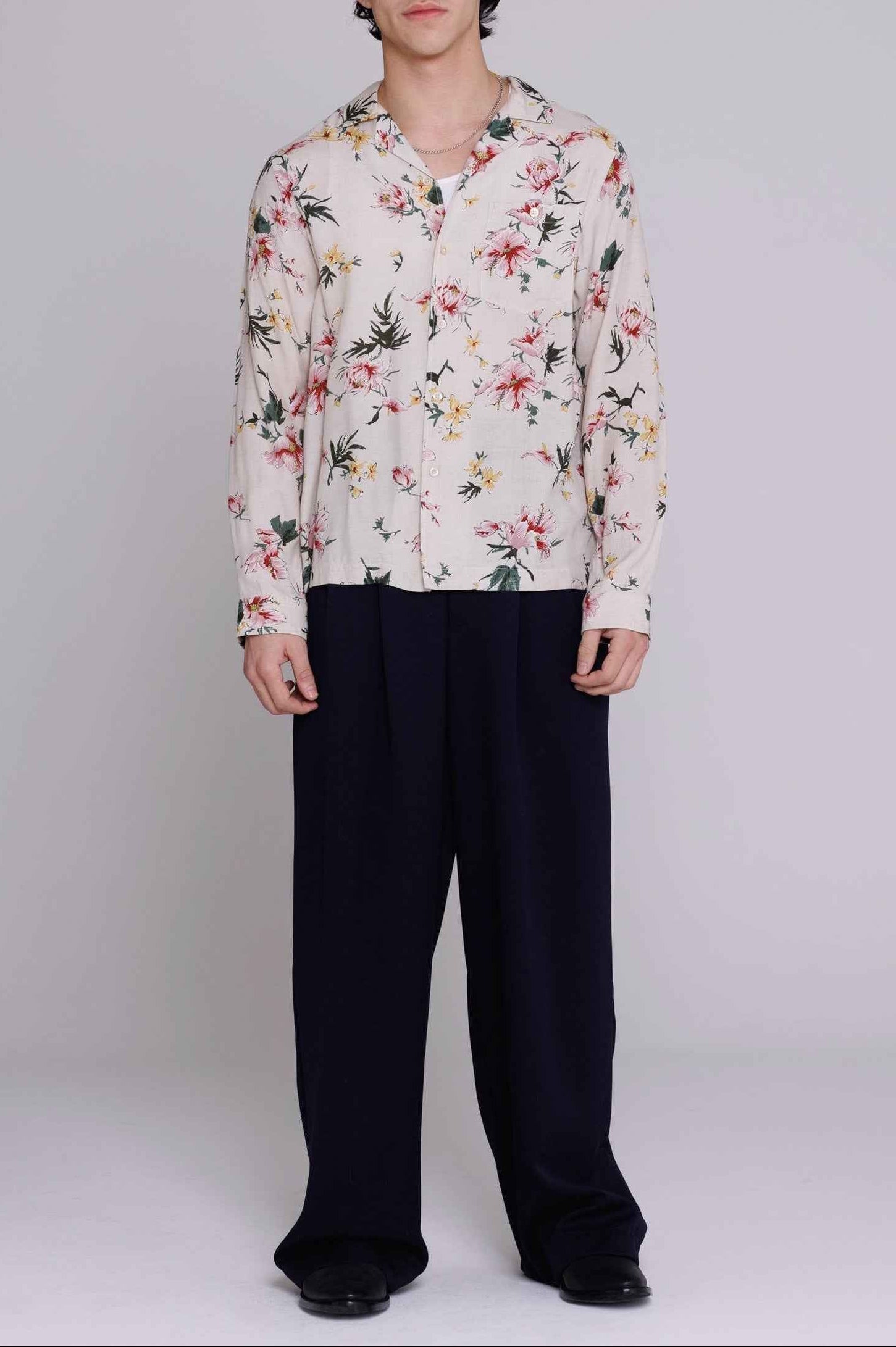 Reinaldo convertible-collar shirt in natural rayon with red ukiyoe hibiscus print, relaxed fit, shown on model.