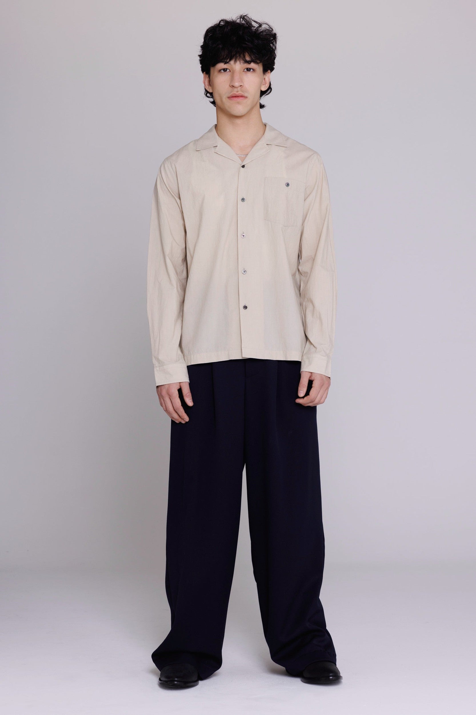 “Reinaldo” Convertible-Collar Shirt in Natural Khaki