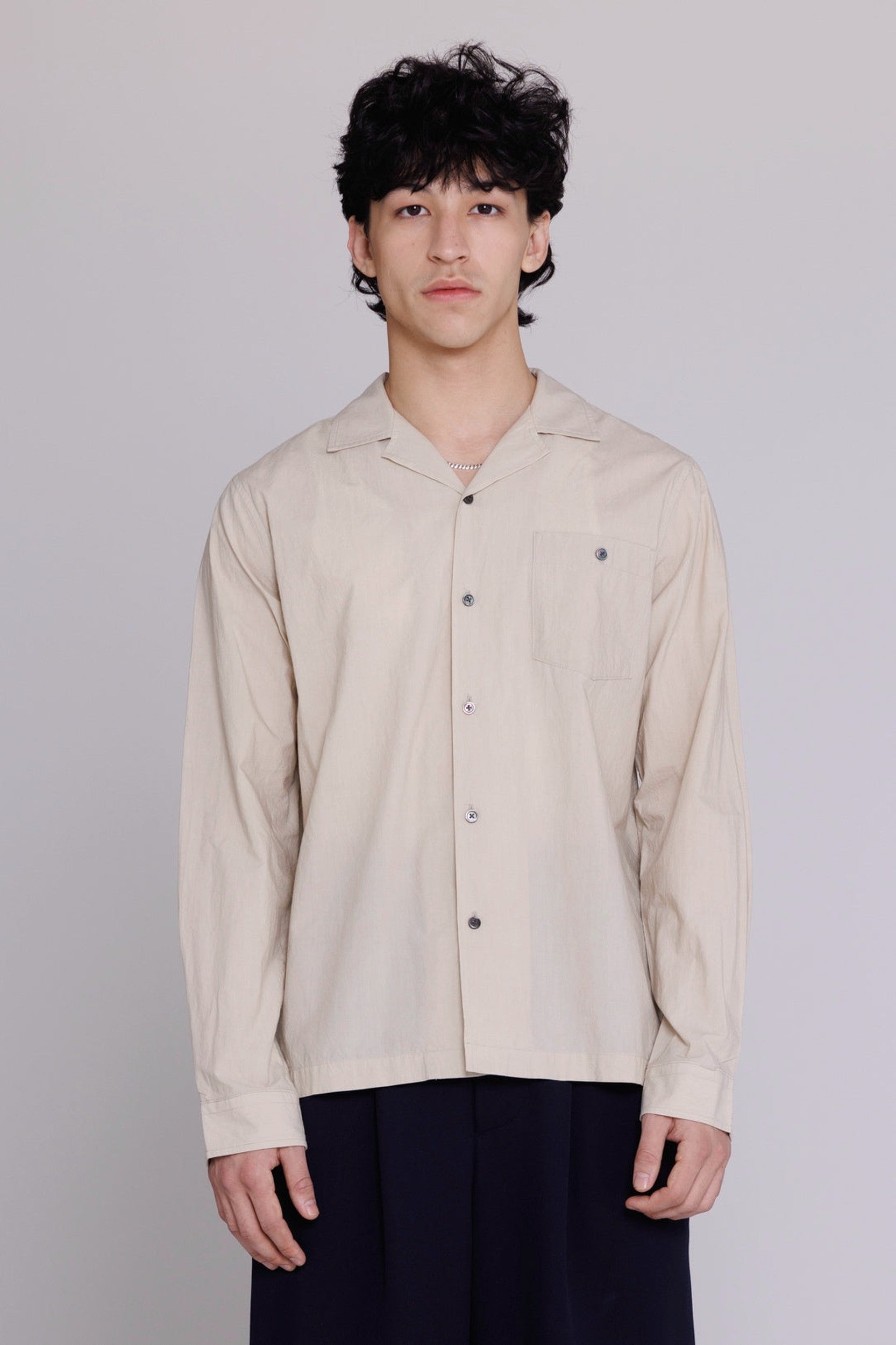 “Reinaldo” Convertible-Collar Shirt in Natural Khaki