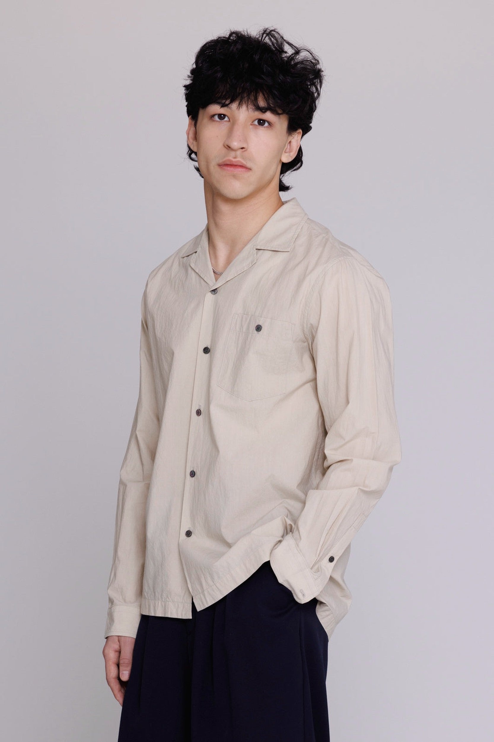 “Reinaldo” Convertible-Collar Shirt in Natural Khaki