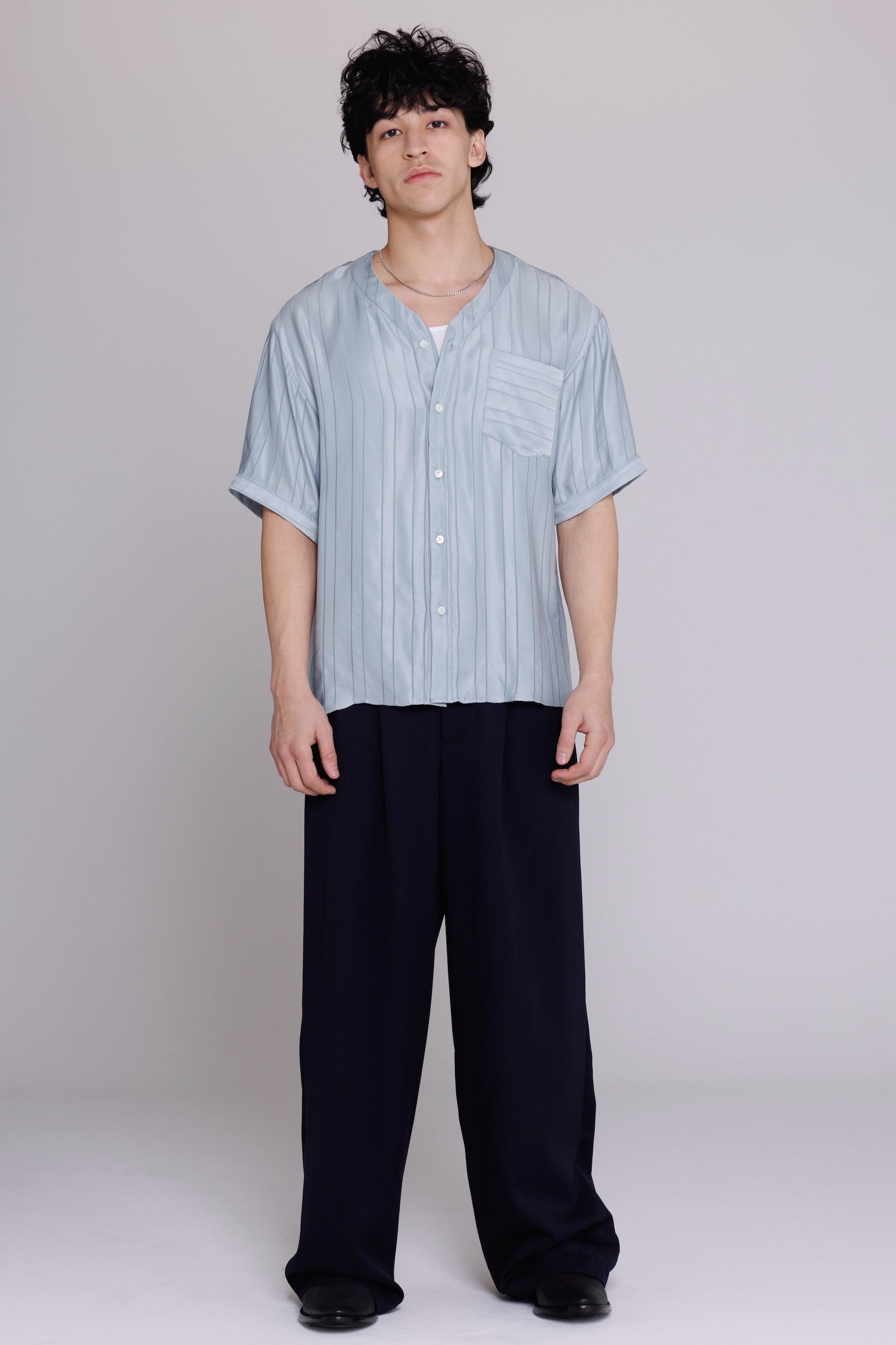 "Valenzuela" Baseball Collar Shirt in Blue Satin Stripe