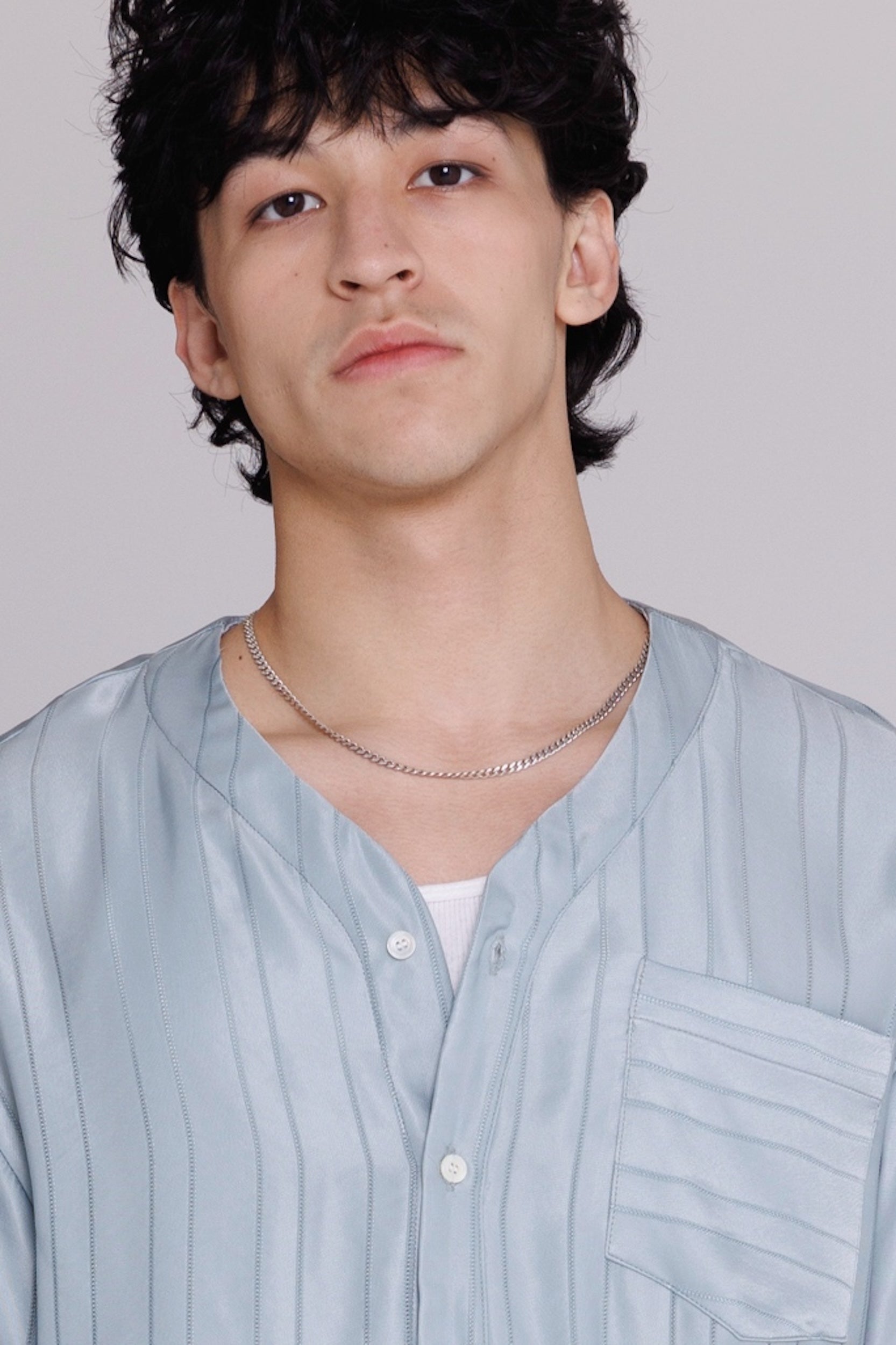 "Valenzuela" Baseball Collar Shirt in Blue Satin Stripe