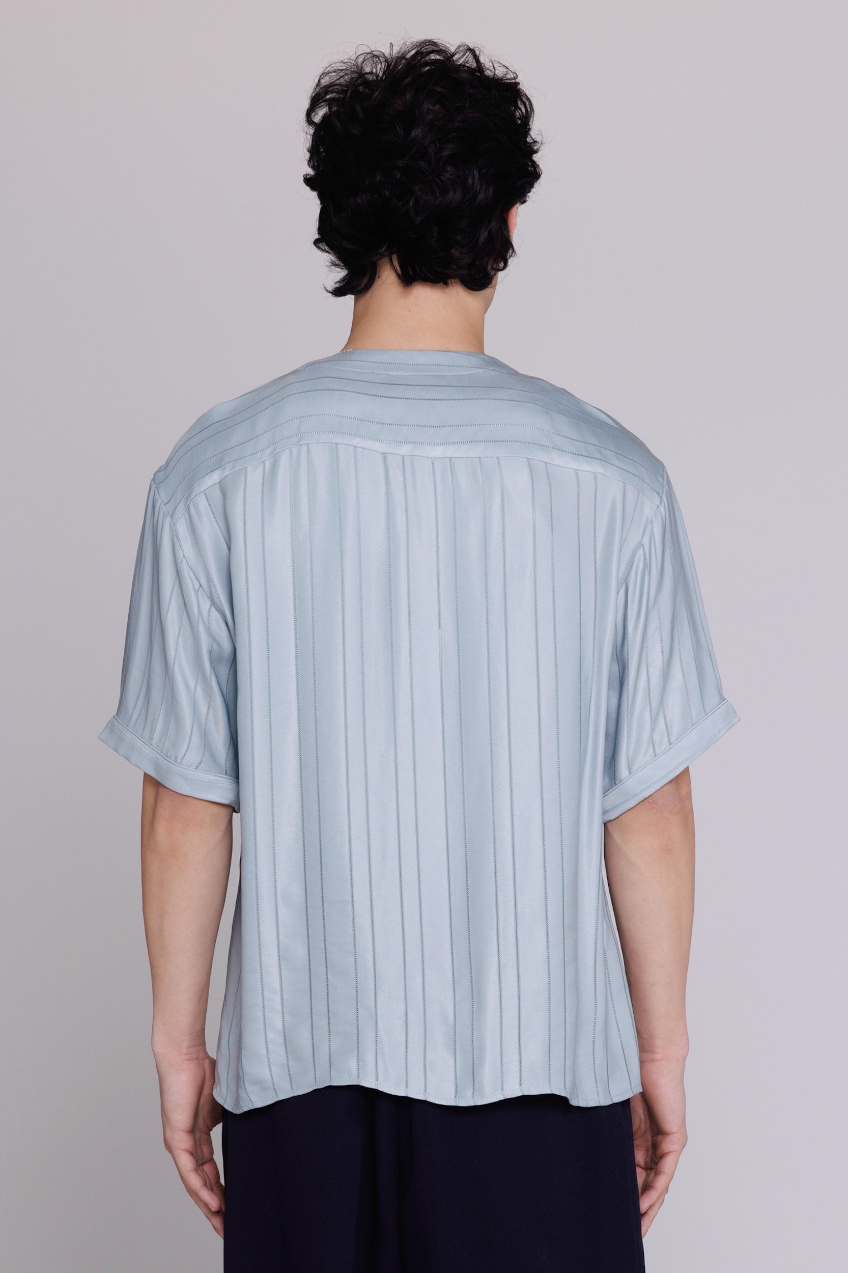 "Valenzuela" Baseball Collar Shirt in Blue Satin Stripe