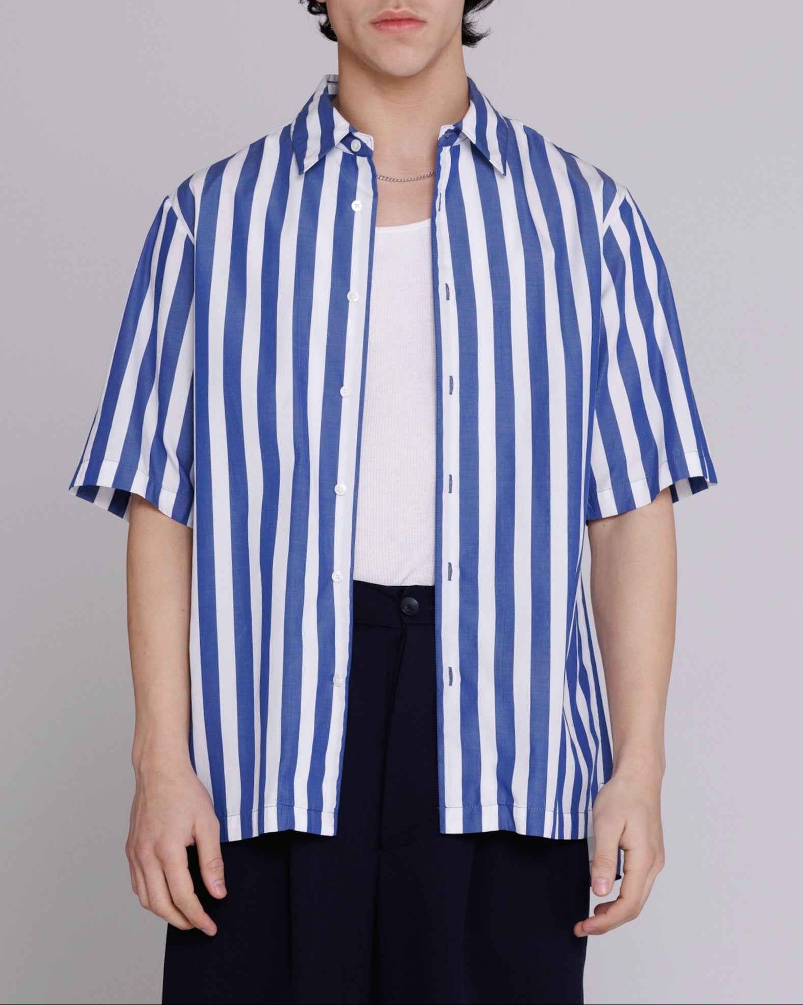 Graphia New York "Flowers" button-up shirt in blue and white bar stripes, relaxed fit, shown on model from chest up.