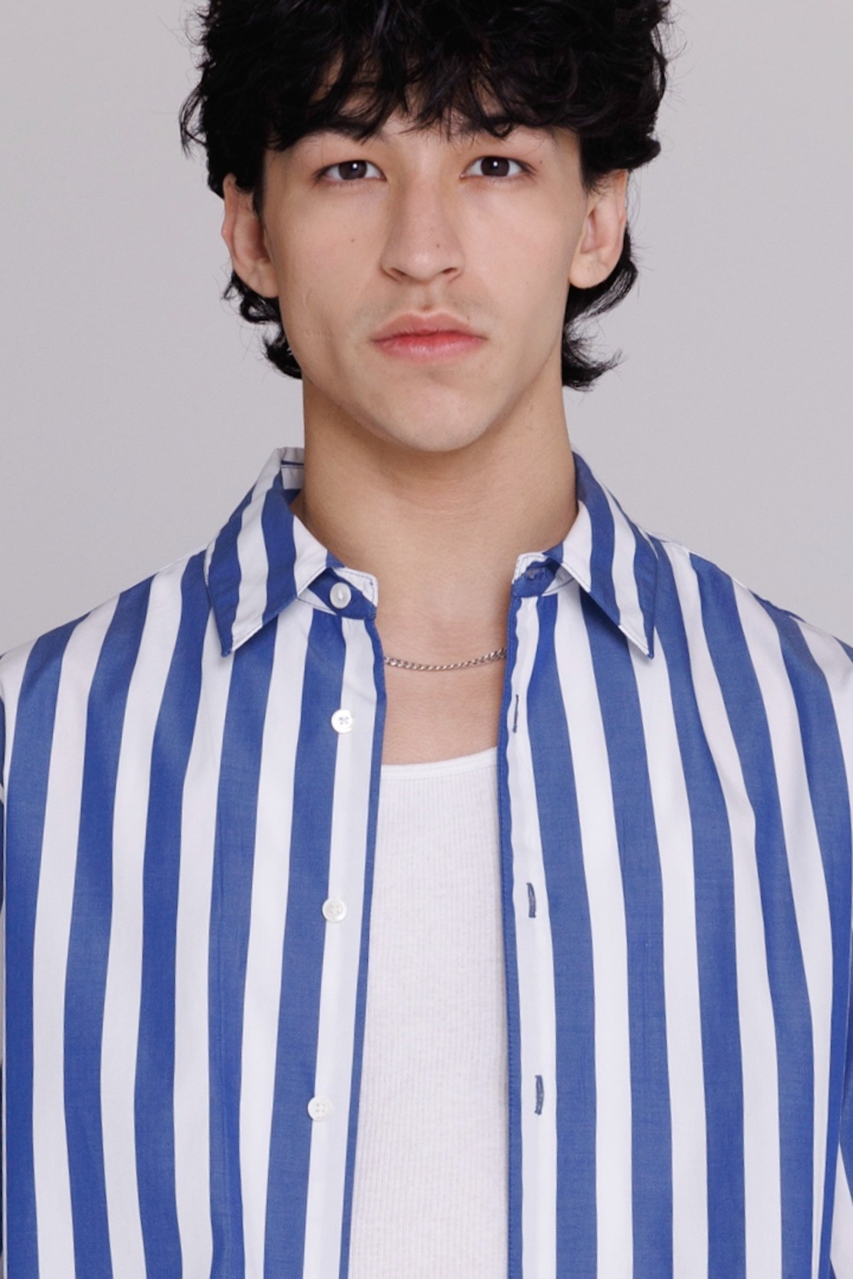 "Flowers" Button Up Shirt in Blue & White Bar Stripes