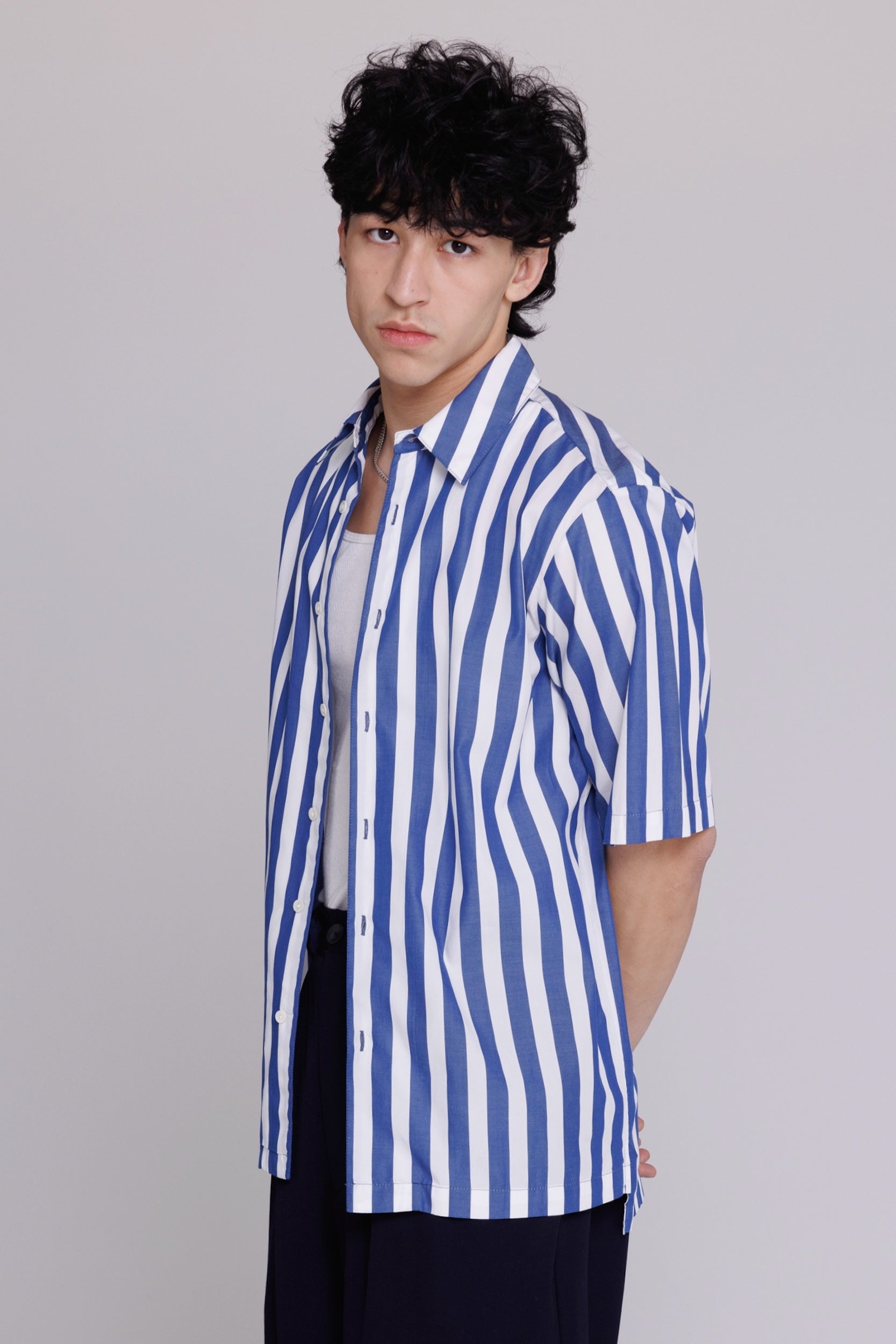 "Flowers" Button Up Shirt in Blue & White Bar Stripes