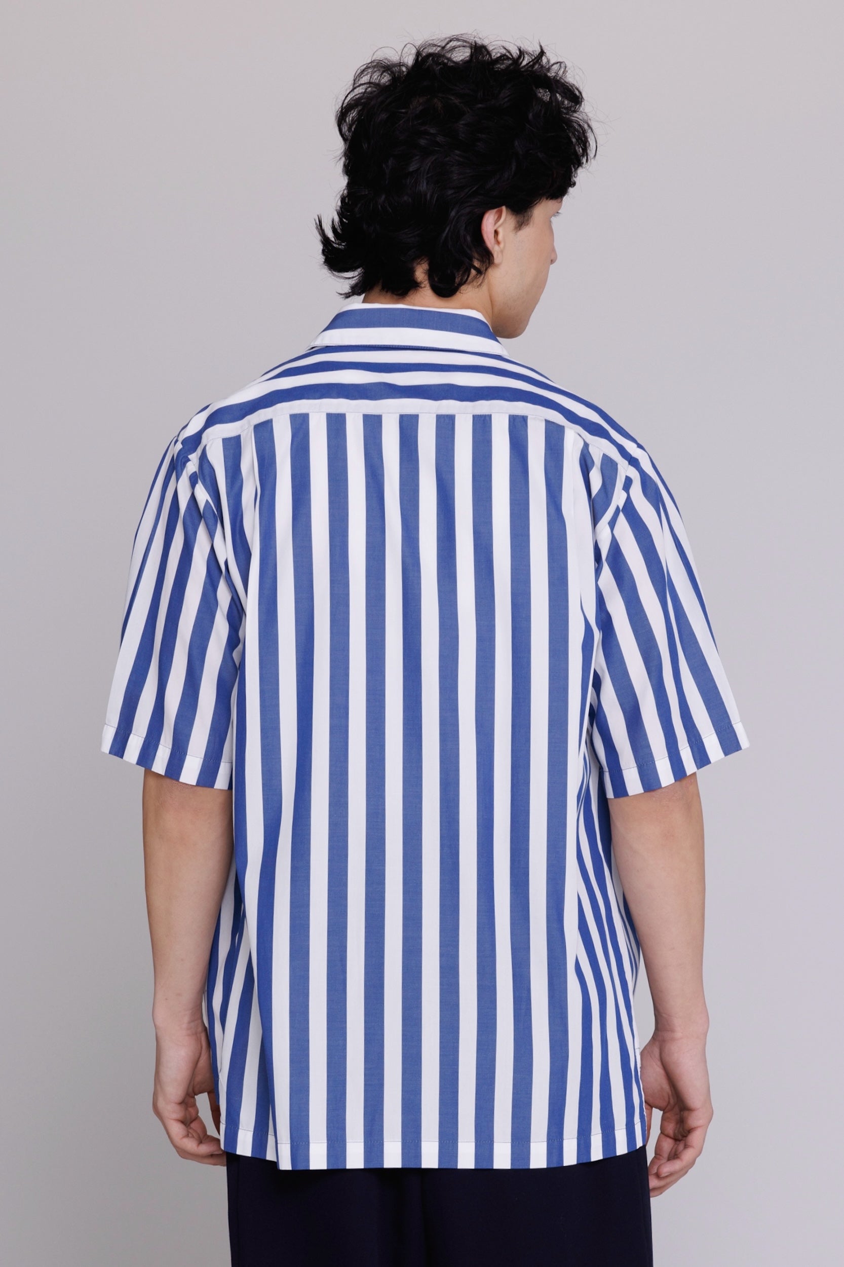 "Flowers" Button Up Shirt in Blue & White Bar Stripes