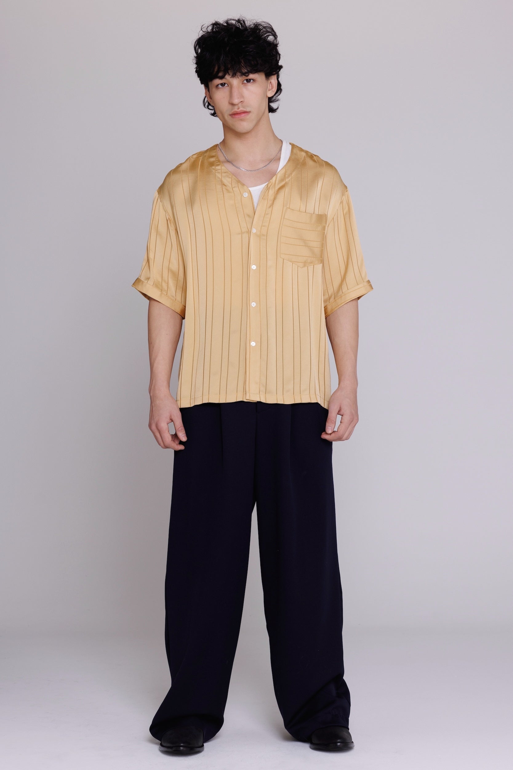 "Valenzuela" Baseball Collar Shirt in Gold Satin Stripe