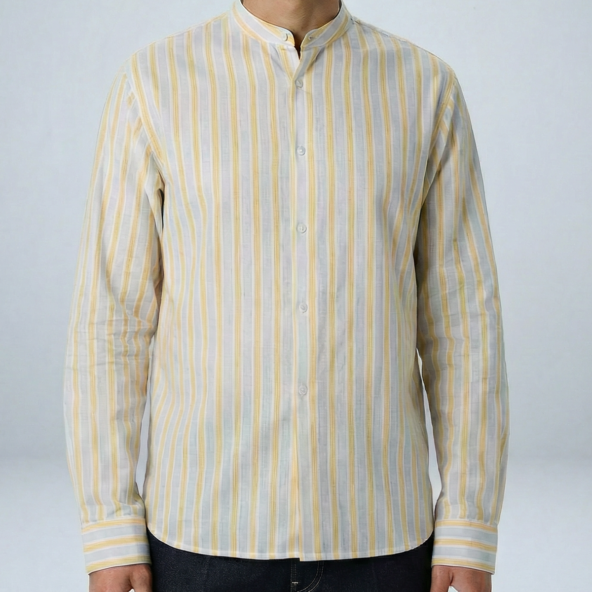 LIAM Band Collar Cream and Yellow Stripe Long Sleeve Shirt