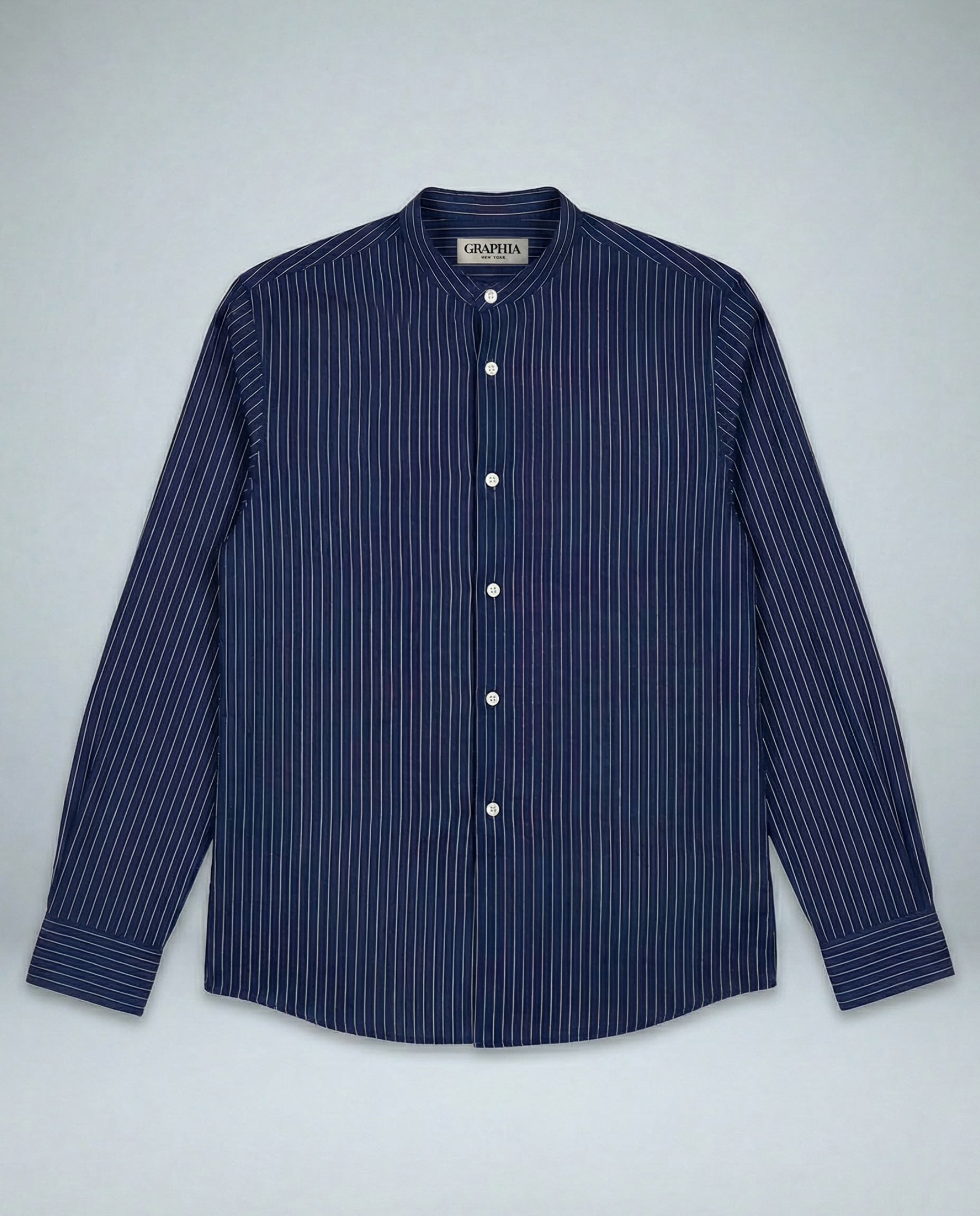 'Liam' Band Collar Blue and White Stripe Long Sleeve Shirt