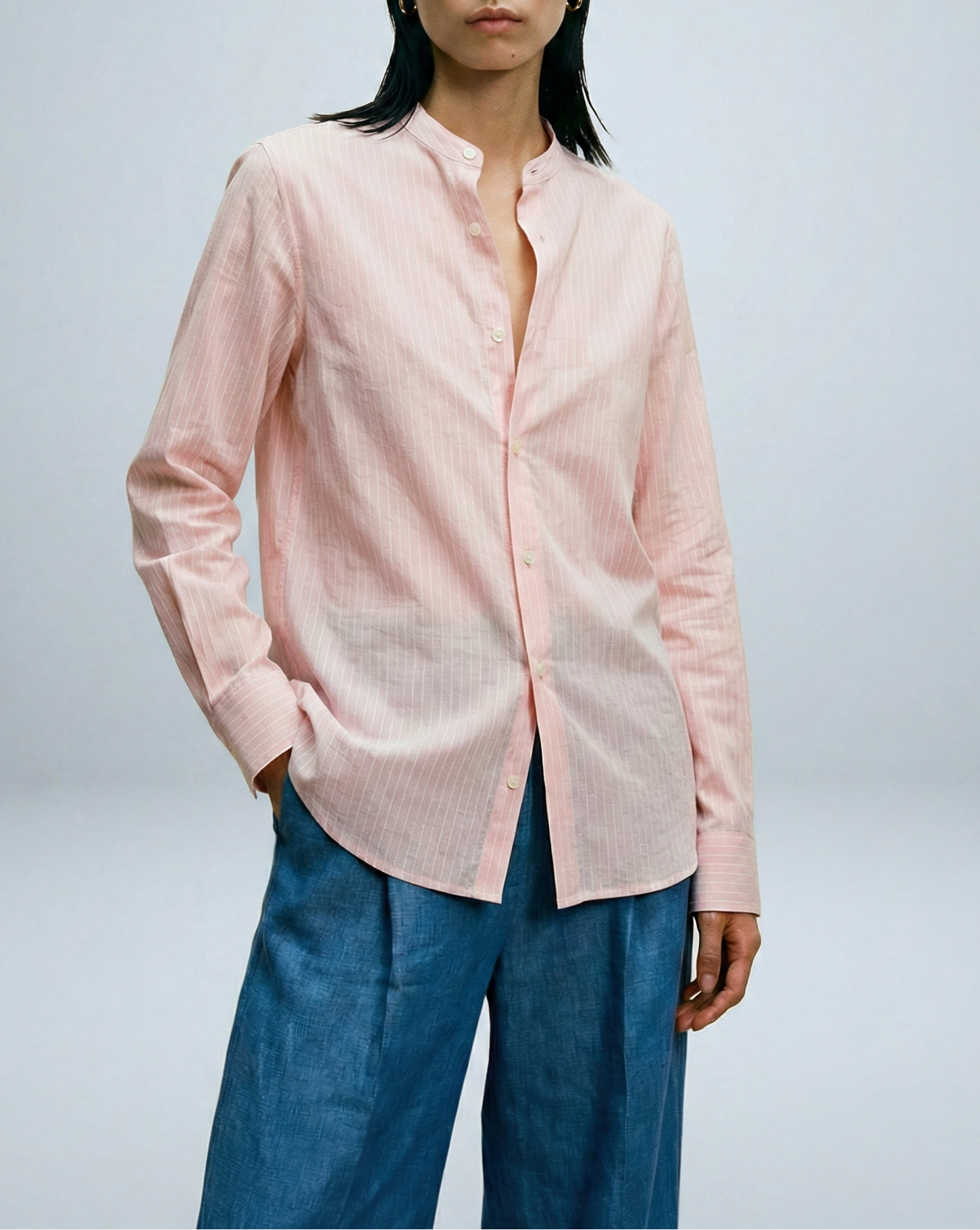 'Liam' Band Collar Blush and White Stripe Long Sleeve Shirt