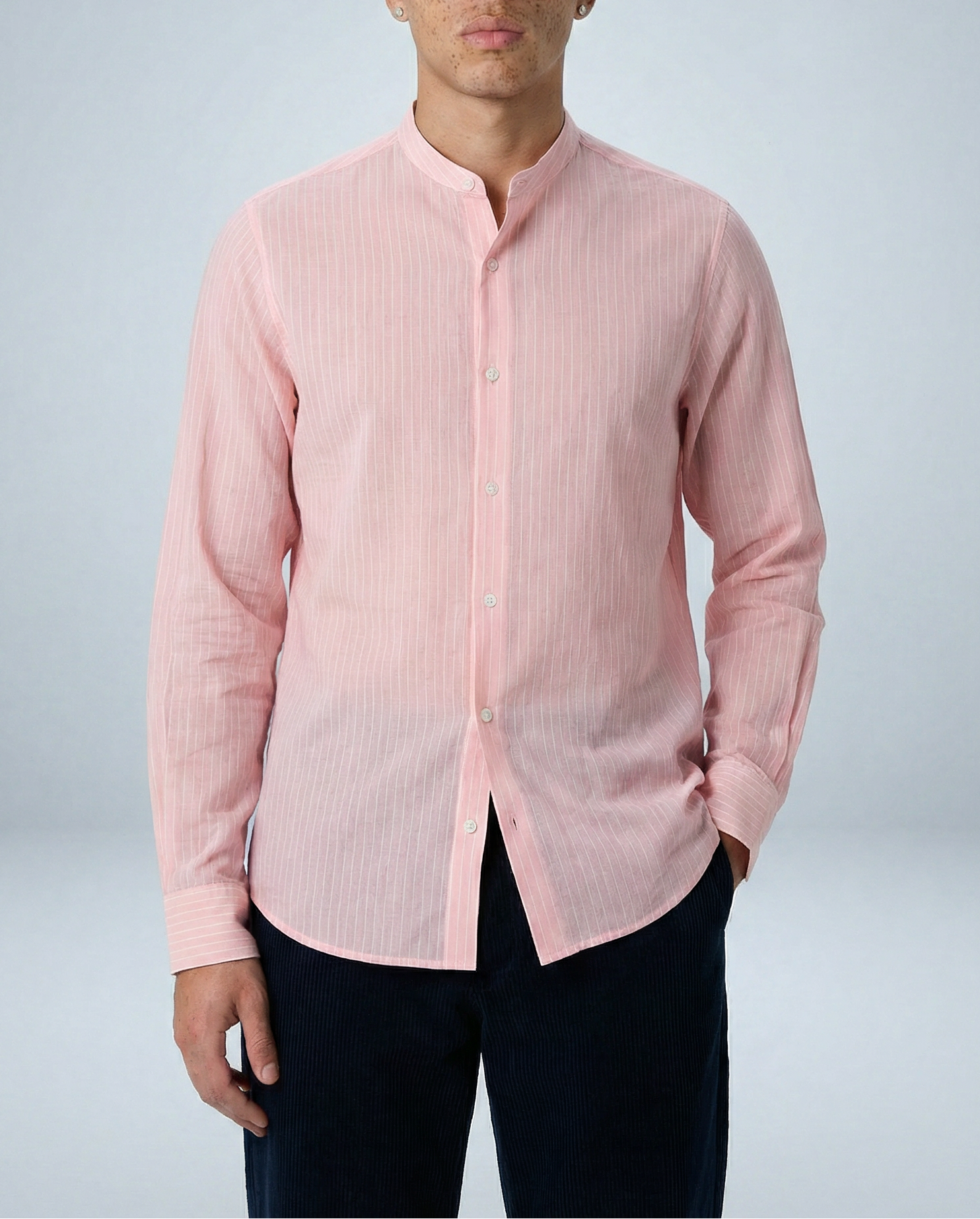 'Liam' Band Collar Blush and White Stripe Long Sleeve Shirt