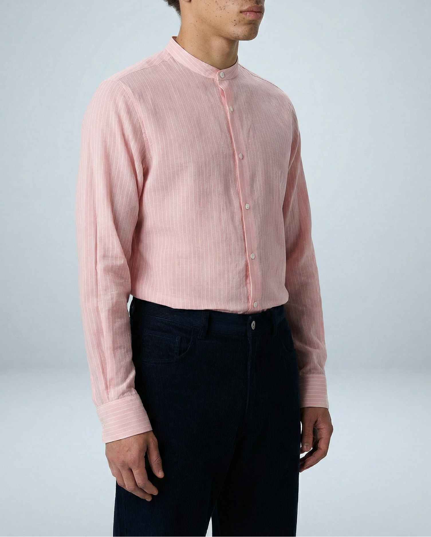 'Liam' Band Collar Blush and White Stripe Long Sleeve Shirt