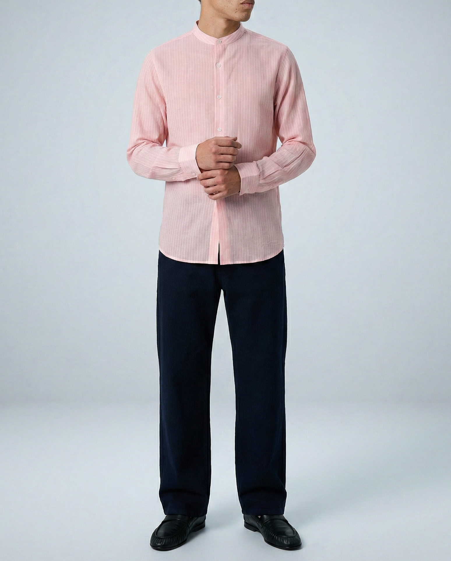'Liam' Band Collar Blush and White Stripe Long Sleeve Shirt