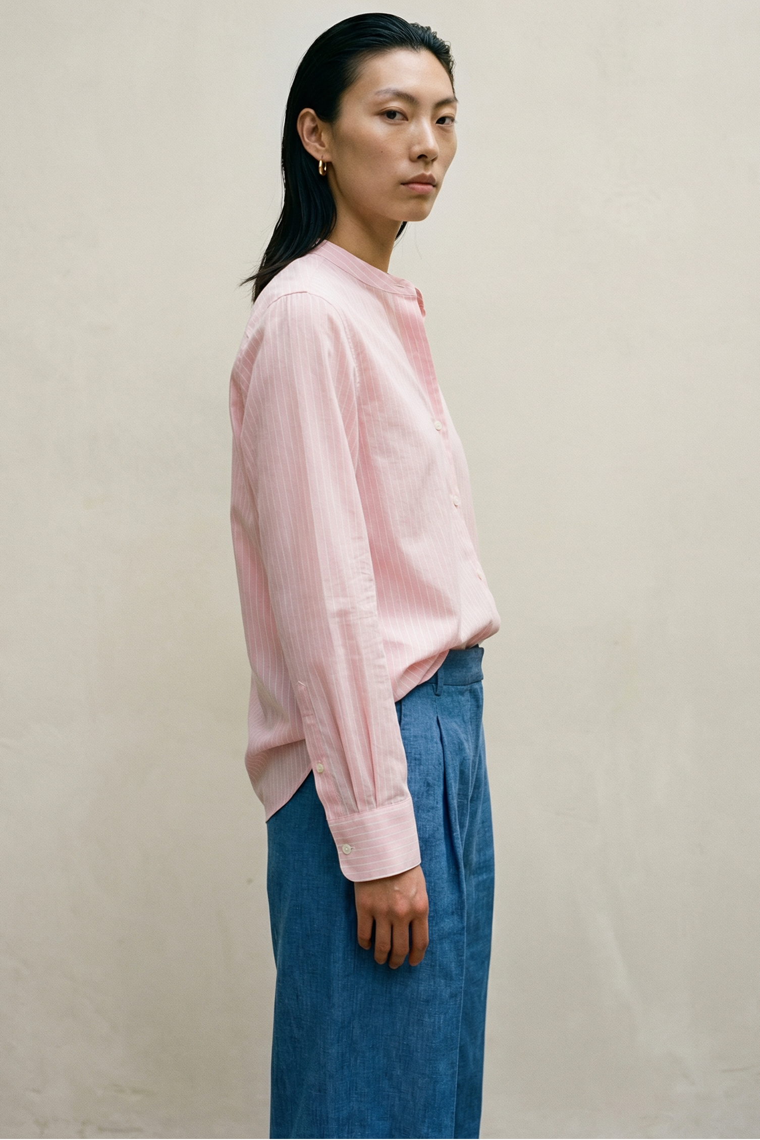 'Liam' Band Collar Blush / White Stripe Long Sleeve Shirt