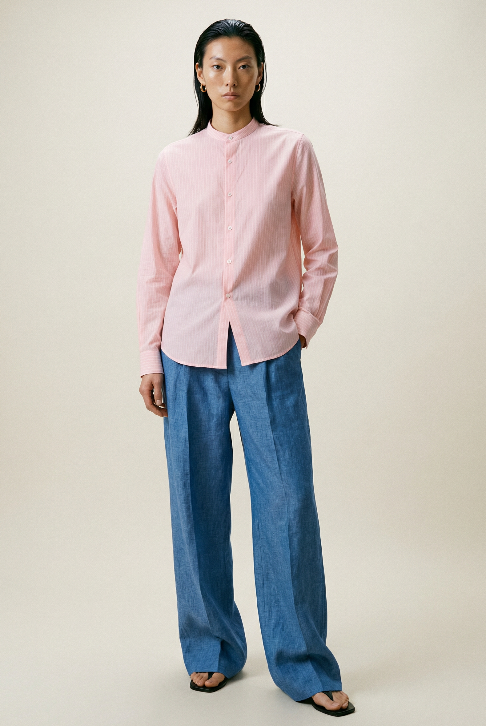 'Liam' Band Collar Blush / White Stripe Long Sleeve Shirt