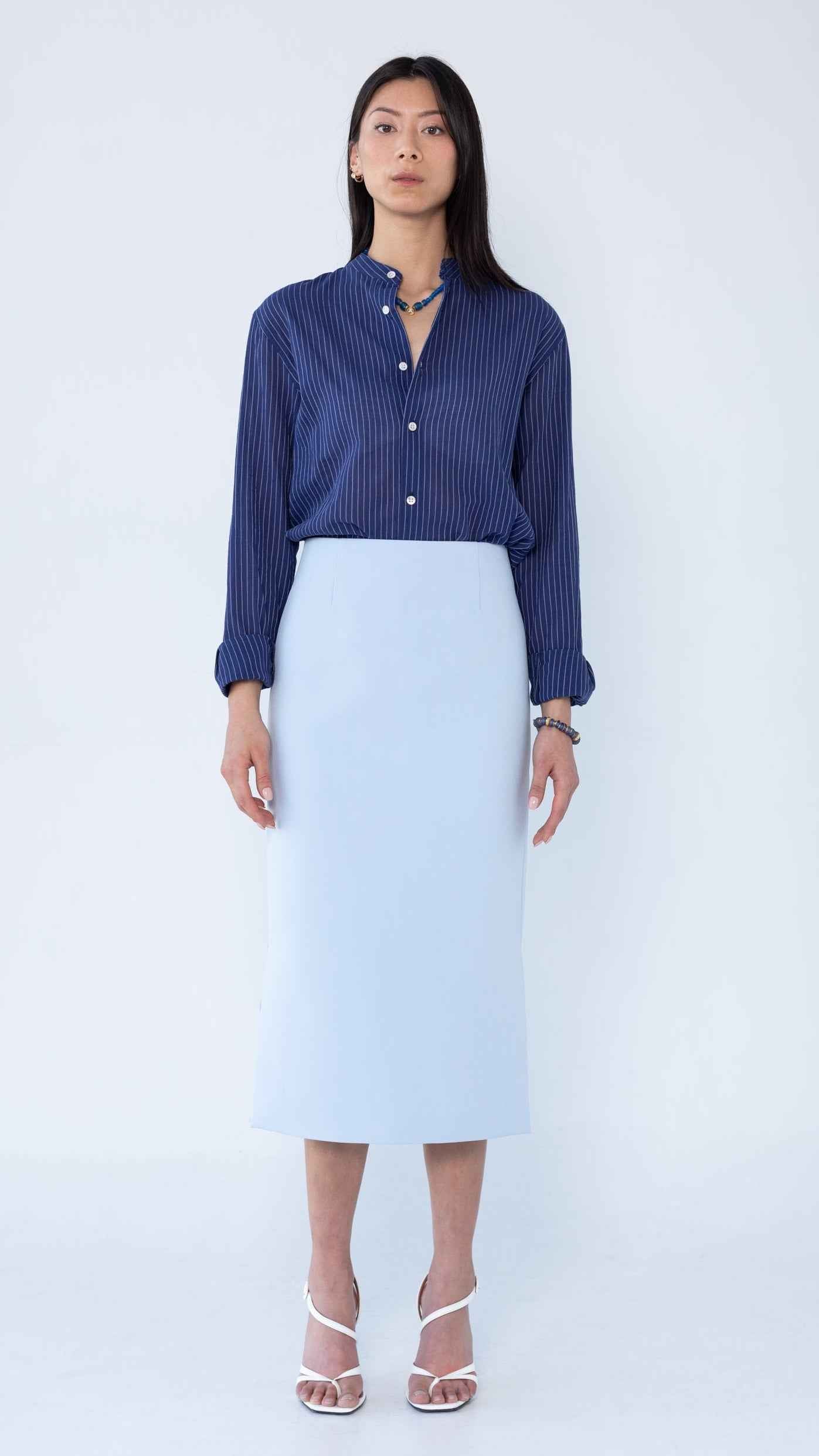 'Liam' Band Collar Blue / White Stripe Long Sleeve Shirt