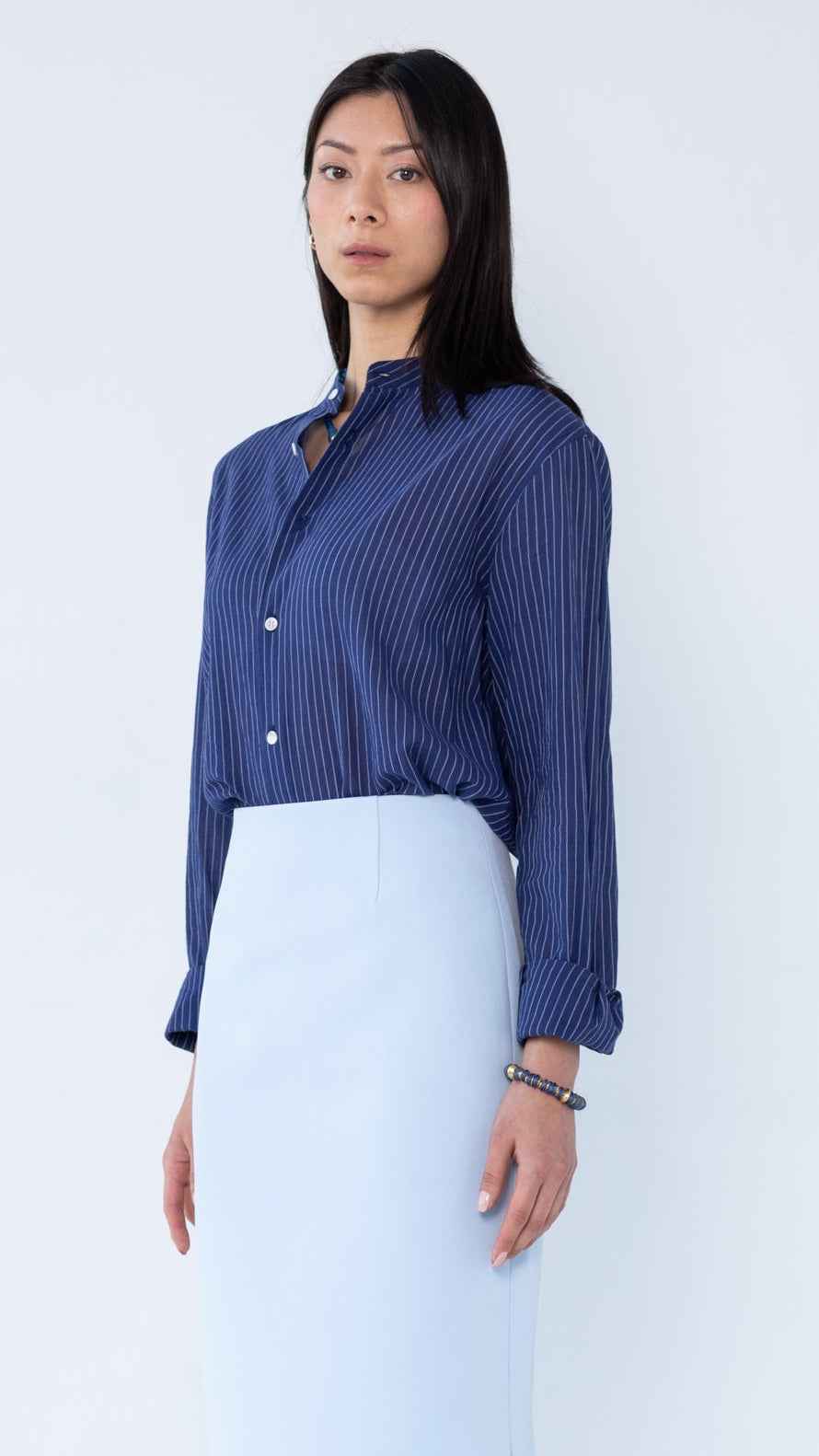 'Liam' Band Collar Blue / White Stripe Long Sleeve Shirt
