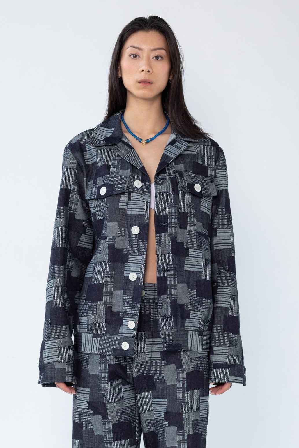 "Dean" Jacket in Dark Denim Patchwork Jacquard